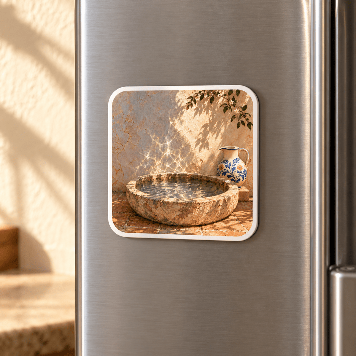 Water Against the Wall Magnet featuring a square art design of a stone basin of water and a decorative pitcher sitting against a textured wall.