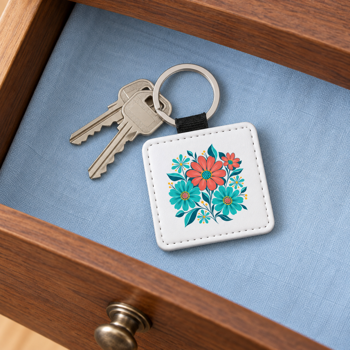 Square Poolside Petals Floral Keychain | Chrome & Starlight with a floral illustration attached to two keys, resting in a wooden drawer.