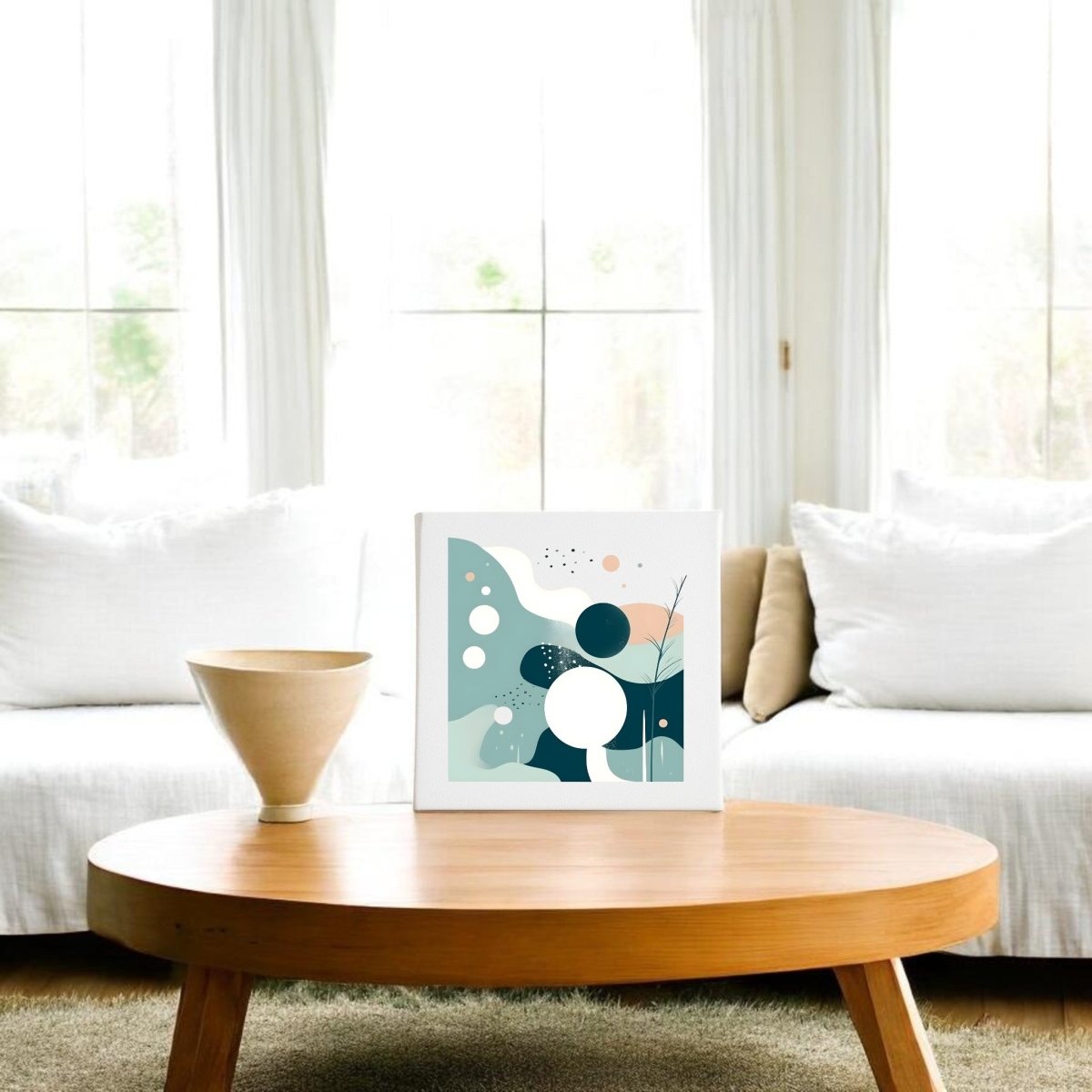 A modern living room with white sofas, a round wooden coffee table, a light wood vase, and Mirabilia Boutique's Quiet Tides Mid Century Modern Canvas featuring blue, white, and beige shapes displayed on the table.
