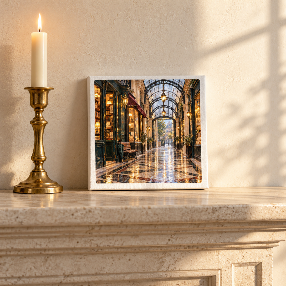 A Passage in the Rain Canvas | Paris Toujours gallery-wrapped print of an ornate, rain-slicked Parisian arcade sits on a mantelpiece next to a lit brass candlestick.