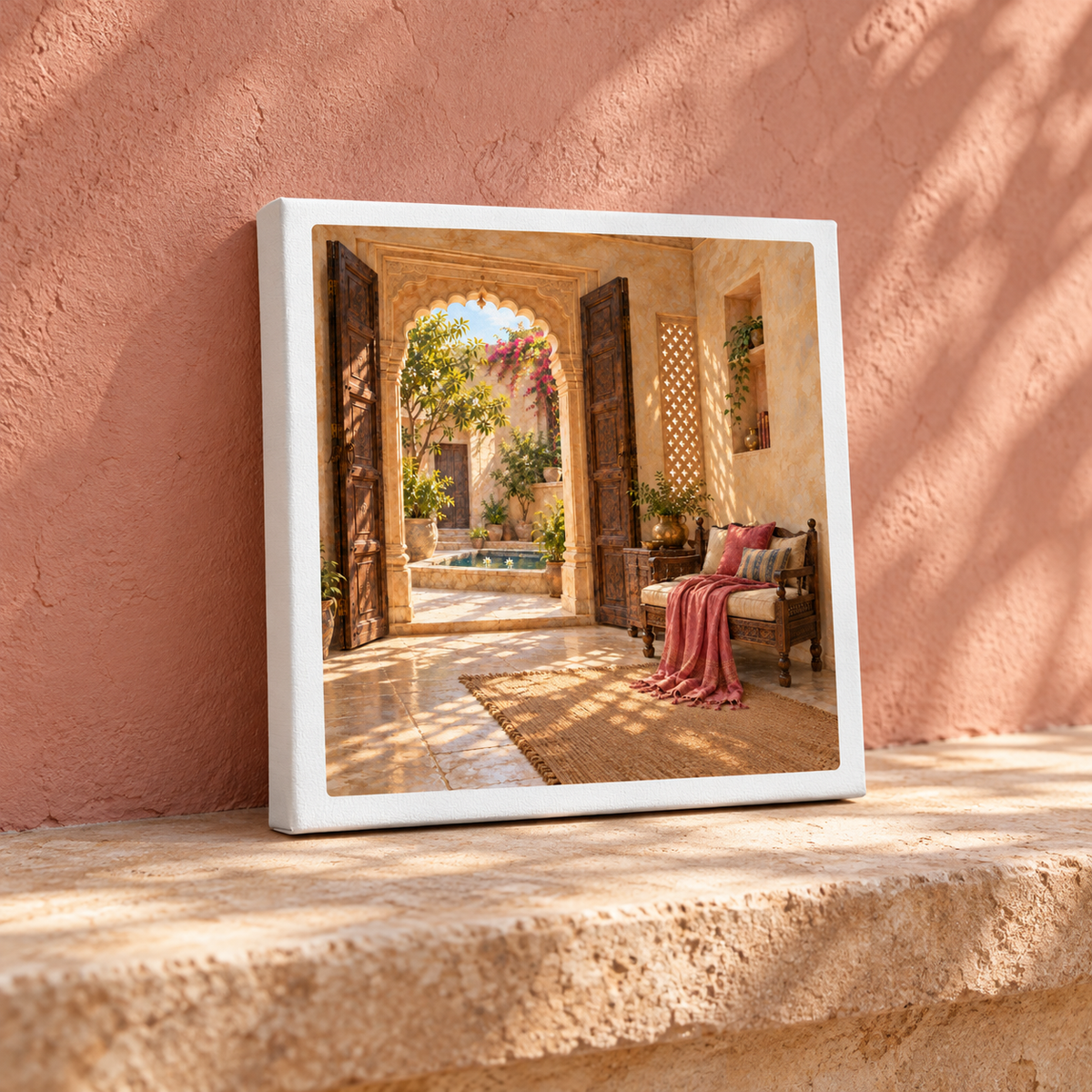 The Door Left Open Canvas | Sand & Saffron is a square gallery-wrapped canvas of a sunlit Mediterranean courtyard, featuring an arched doorway, a wooden bench with cushions, and a small pool.