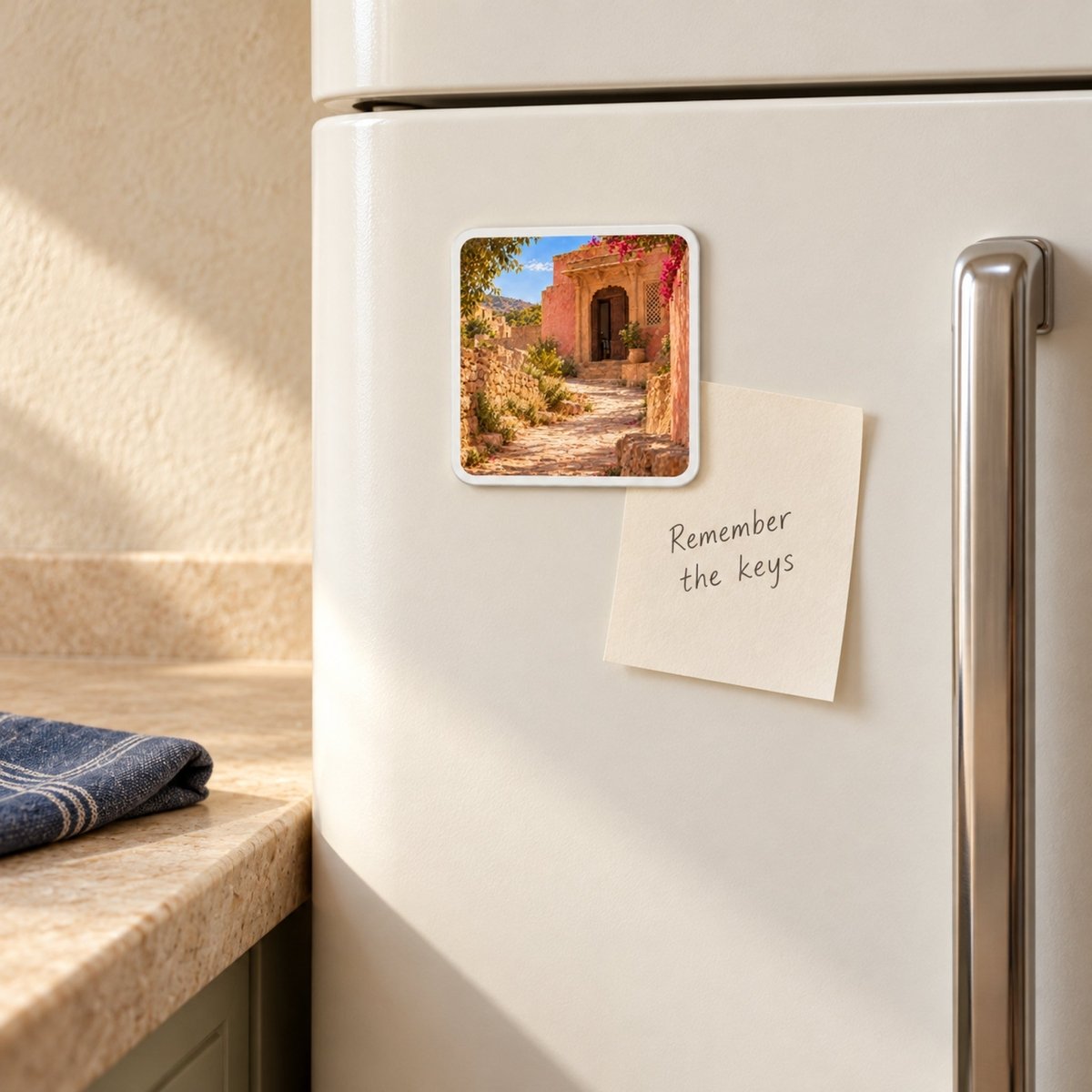 The House Ahead Magnet from the Sand & Saffron collection features a sunlit stone path leading to a rustic pink building, attached to a refrigerator next to a sticky note that reads “Remember the keys.”