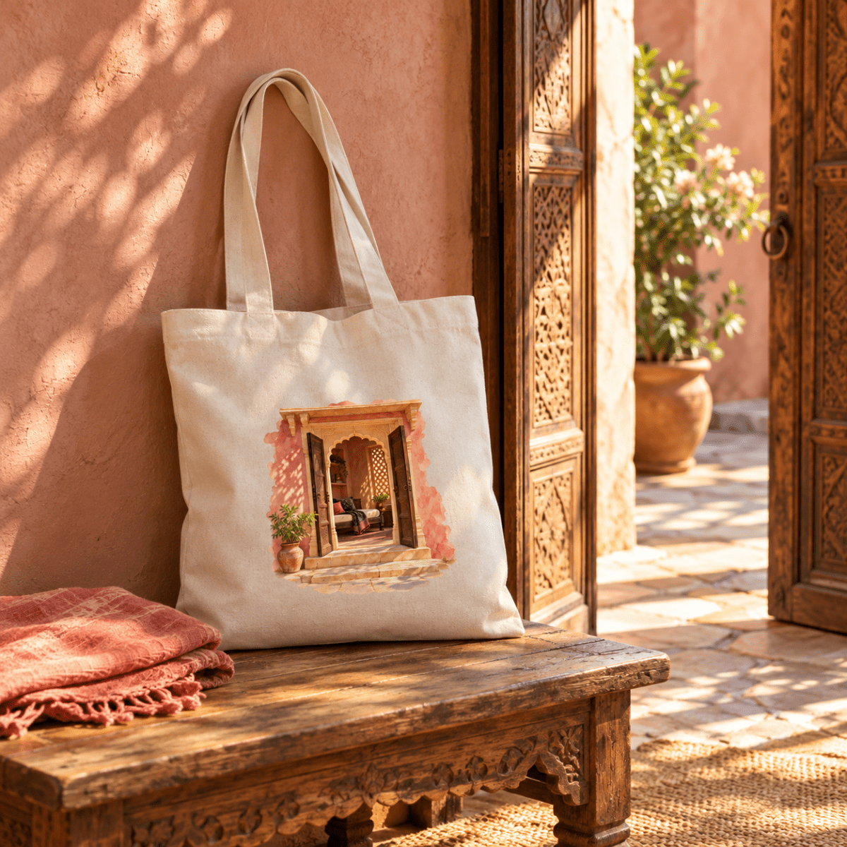 A Place to Return Tote Bag in natural canvas, featuring a watercolor doorway illustration resting on a carved wooden bench.