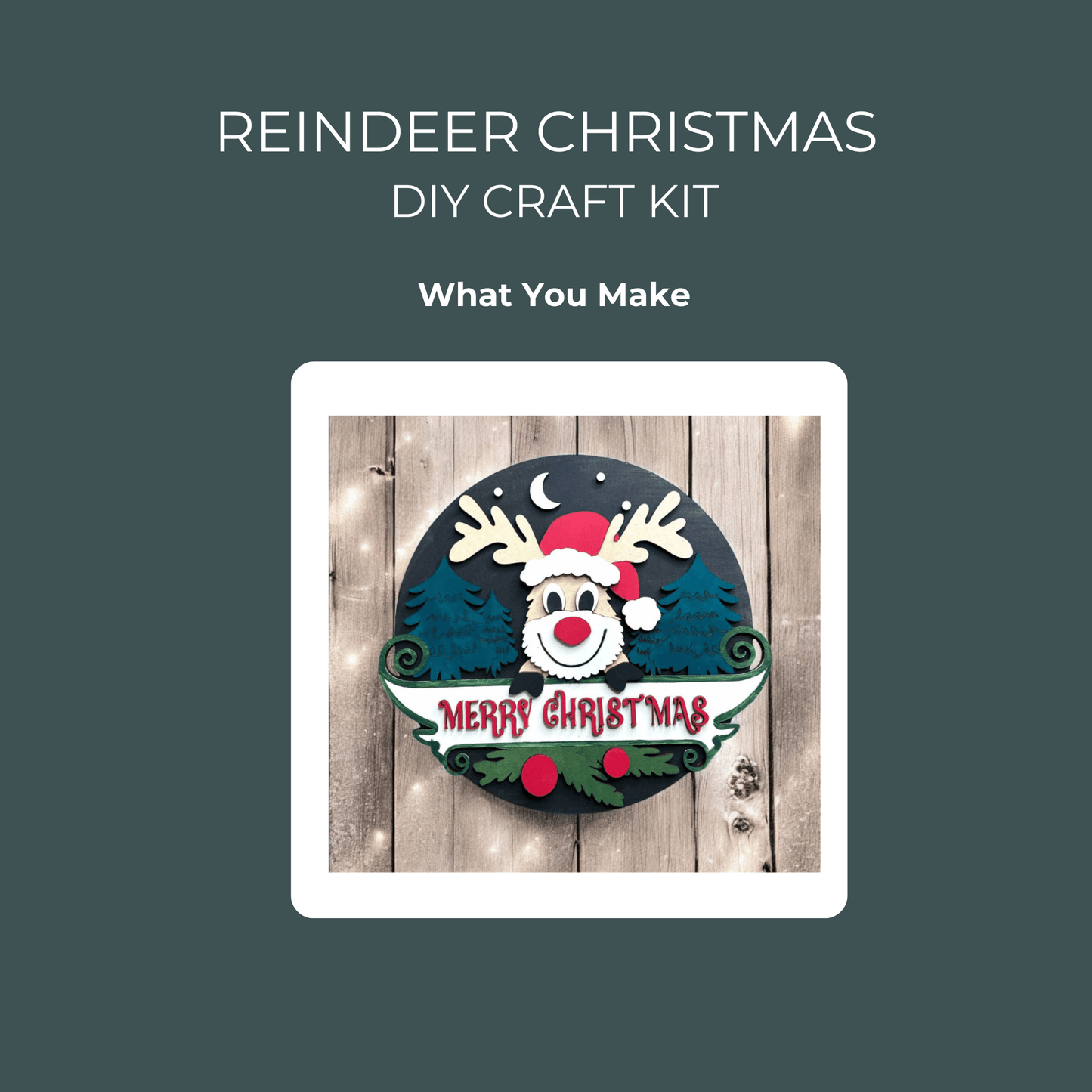 Create a festive holiday project with the Reindeer Christmas DIY Sign Kit from Mirabilia Boutique, featuring a smiling reindeer in a Santa hat with "Merry Christmas"—perfect for painting your own unique decor.