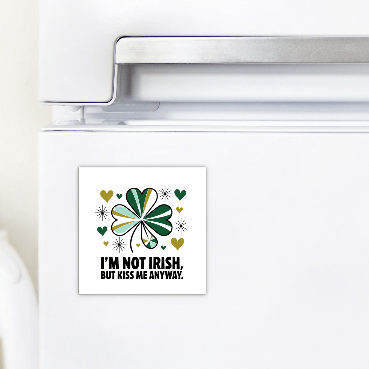 The Kiss Me Anyway Funny St. Patrick’s Day Magnet by Mirabilia Boutique adds a playful touch to your fridge with gold and green hearts plus the “I’M NOT IRISH, BUT KISS ME ANYWAY” message—perfect for Irish parties or festive décor.