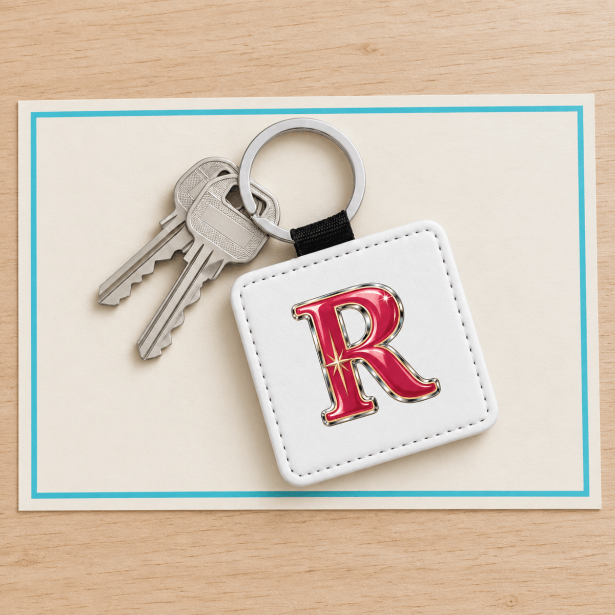 A square white Stardust Enamel Personalized Monogram Keychain | Chrome & Starlight featuring a red, chrome-outlined letter “R” with a star icon, attached to a metal ring with two keys.