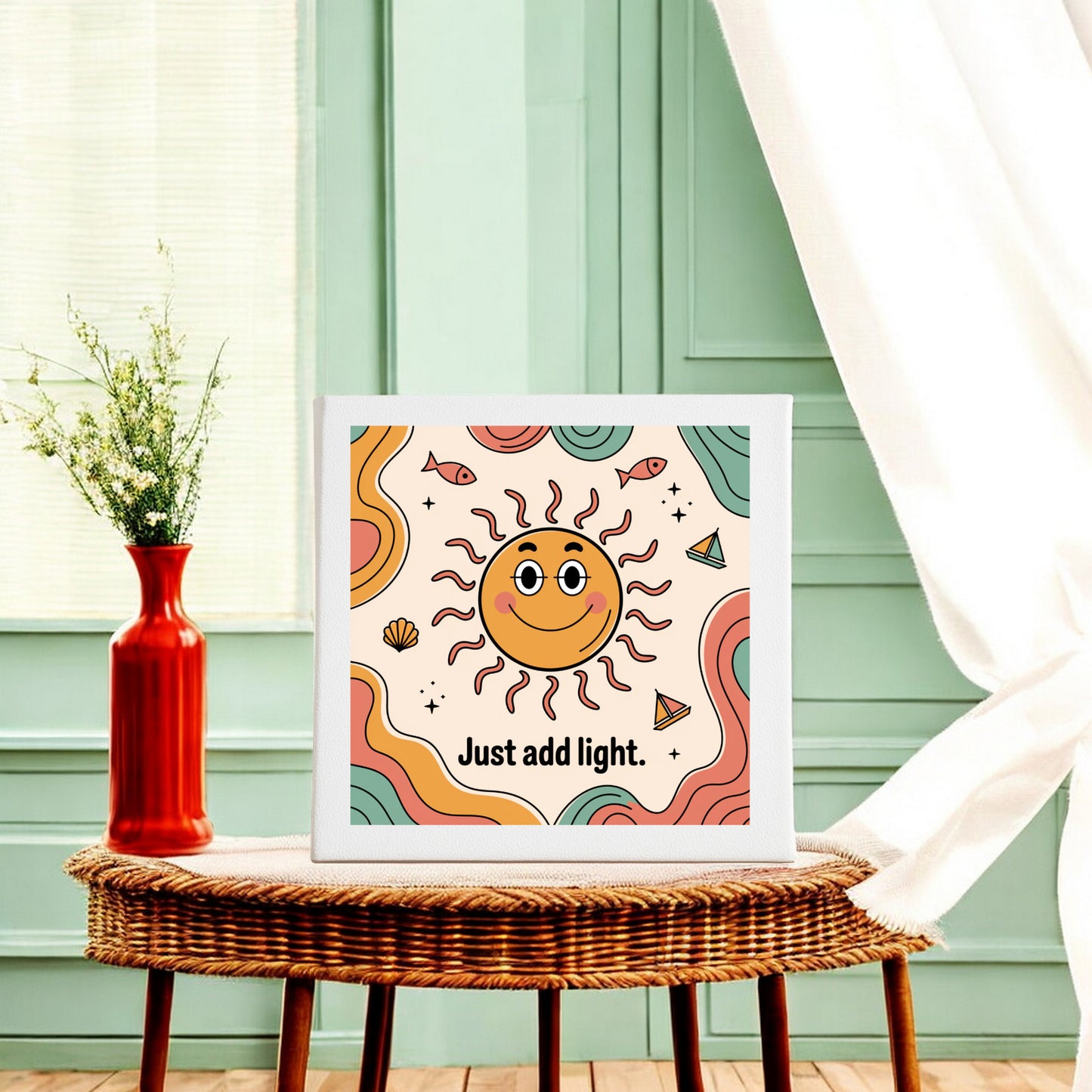 The Just Add Light Canvas Sign (8x8) by Mirabilia Boutique brings retro sunshine vibes and inspiration to your space—perfect cheerful decor for a table or wall.