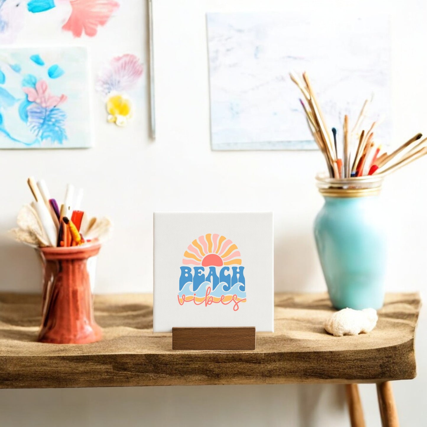 The Beach Vibes Mini Canvas – Retro Summer Desk Art by Mirabilia Boutique features a sunny sign and adds charm to any desk—ideal as beach decor or a cheerful summer gift.