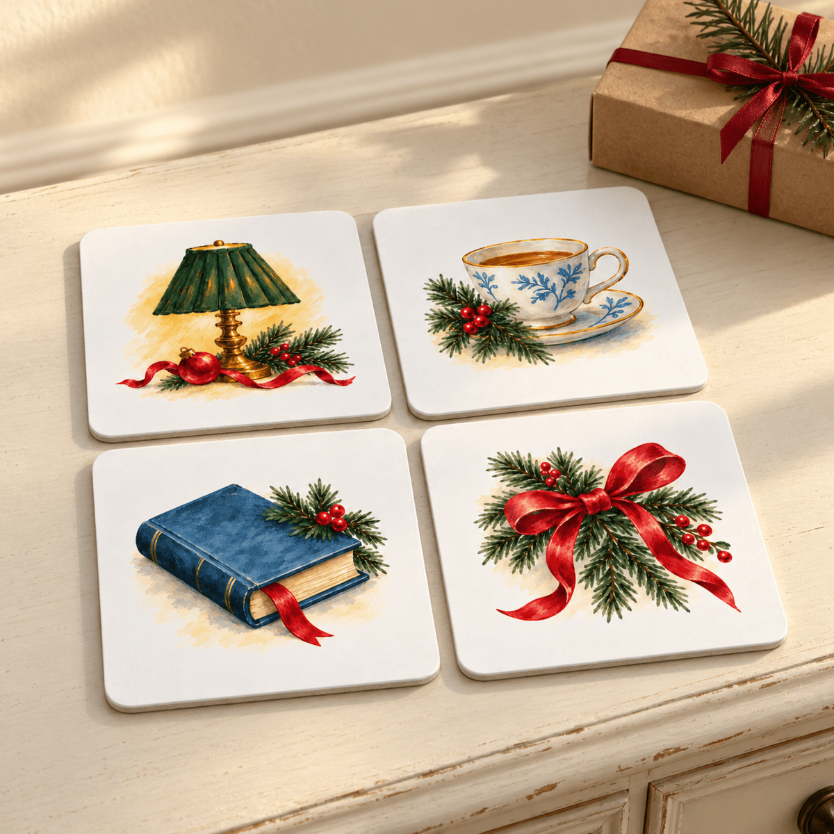 A Quiet Christmas Coaster Set of four painted hardboard coasters featuring watercolor illustrations of a desk lamp, a teacup, a book, and a red bow, each accented with pine branches and berries.