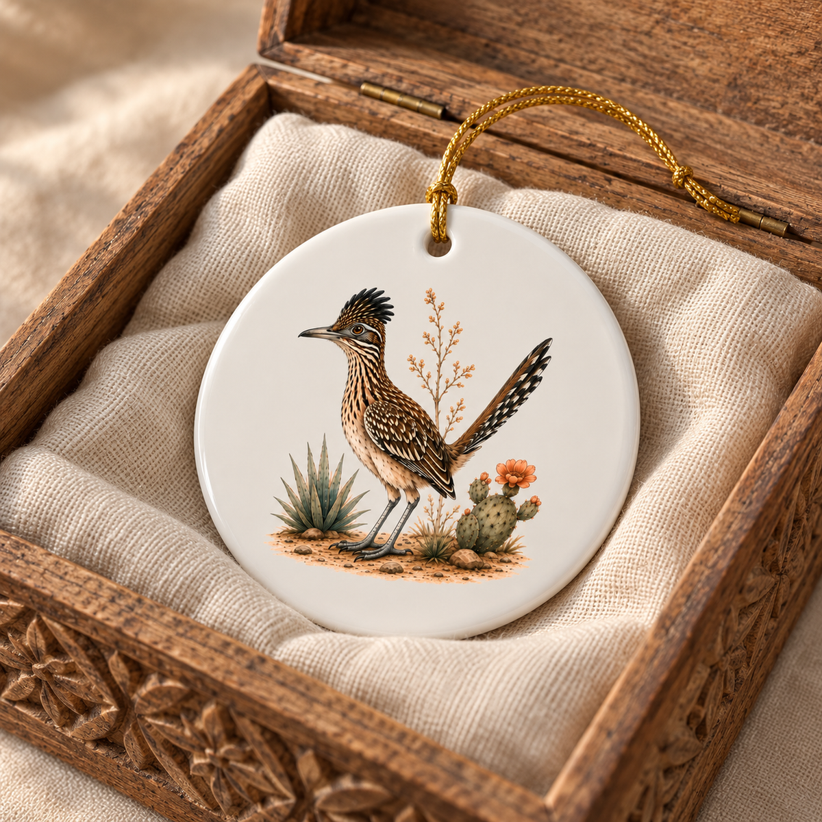 The Roadrunner Ceramic Ornament | Sage & Stone by Mirabilia Boutique, featuring desert plants, comes nestled on a cushioned cloth in an ornate wooden box with a gold hanging loop.