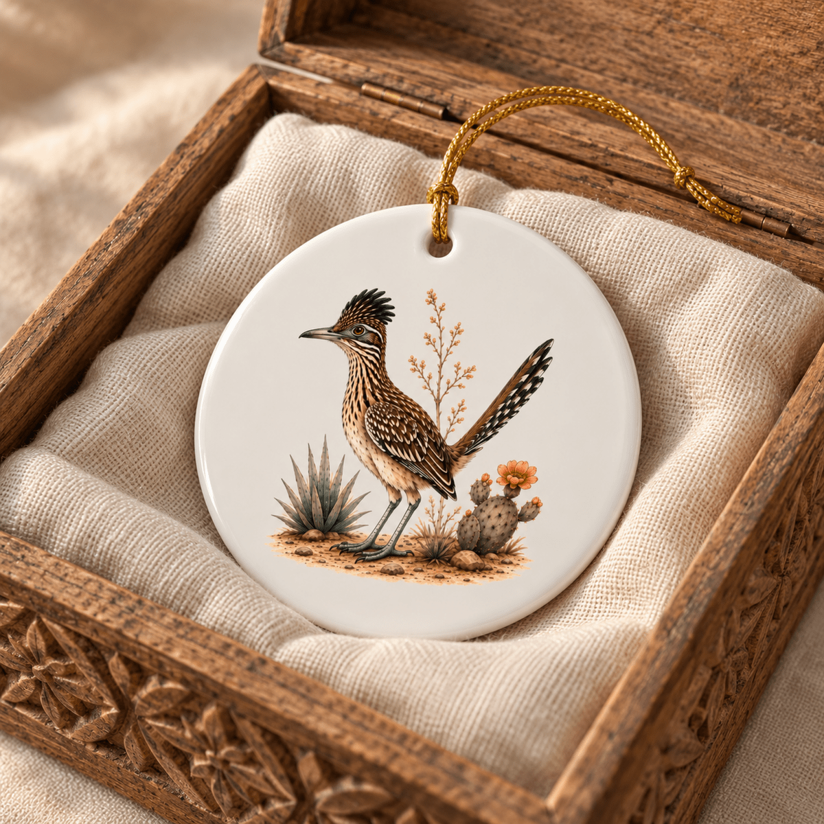 The Roadrunner Ceramic Ornament | Sage & Stone by Mirabilia Boutique, featuring desert plants, comes nestled on a cushioned cloth in an ornate wooden box with a gold hanging loop.