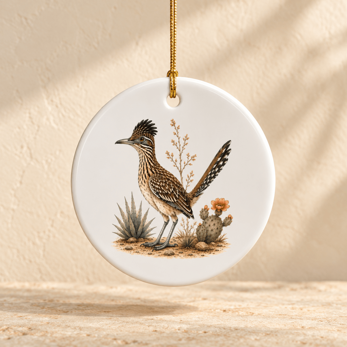 The Roadrunner Ceramic Ornament | Sage & Stone by Mirabilia Boutique features an illustrated roadrunner among cacti on a round ceramic piece, complete with a gold hanging string and light beige background.