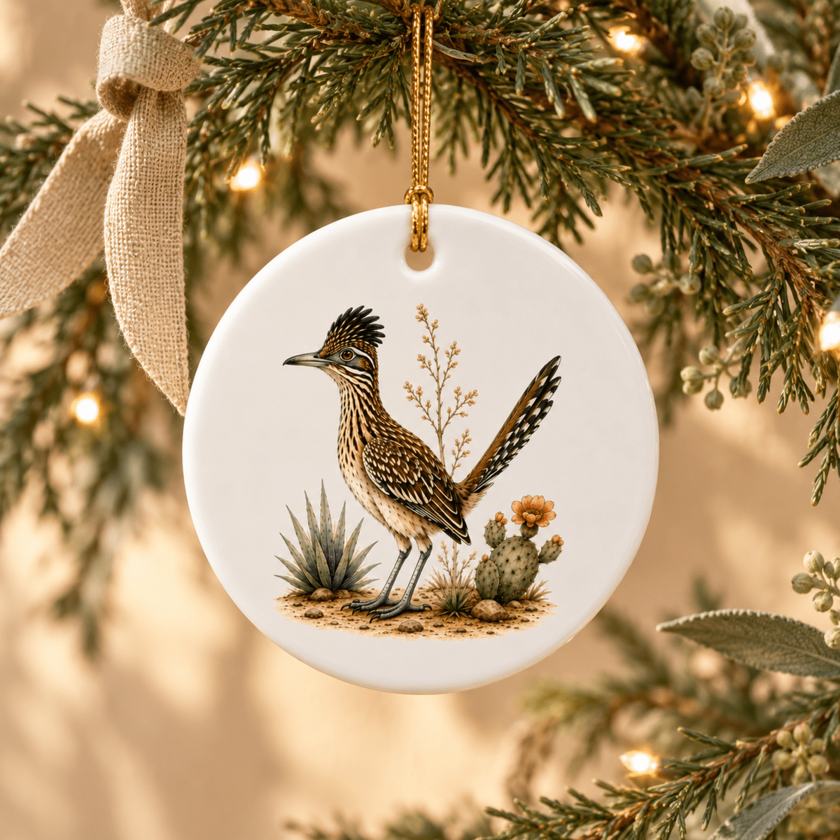 The Roadrunner Ceramic Ornament | Sage & Stone from Mirabilia Boutique features a detailed desert bird and hangs on a Christmas tree with warm white lights and green pine branches in the background.