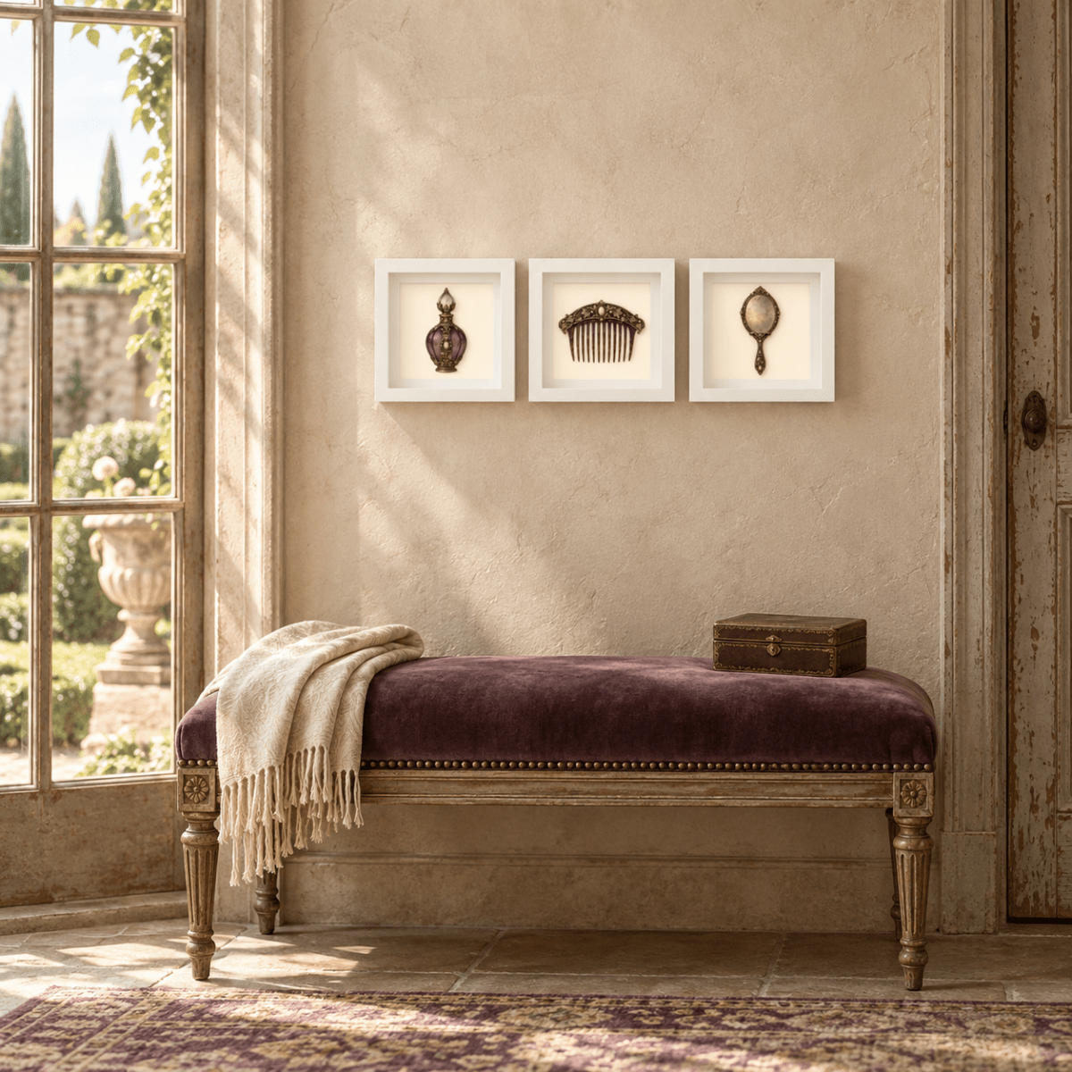 A purple velvet bench with a cream throw sits by a window. Above it hang three framed antique pieces from the Mirabilia Boutique collection—*The Last Dressing Table | Mirabilia Relics*—featuring a perfume bottle, a comb, and a hand mirror reminiscent of delicate dressing table art. A small box rests on the bench in this elegant, sunlit room.