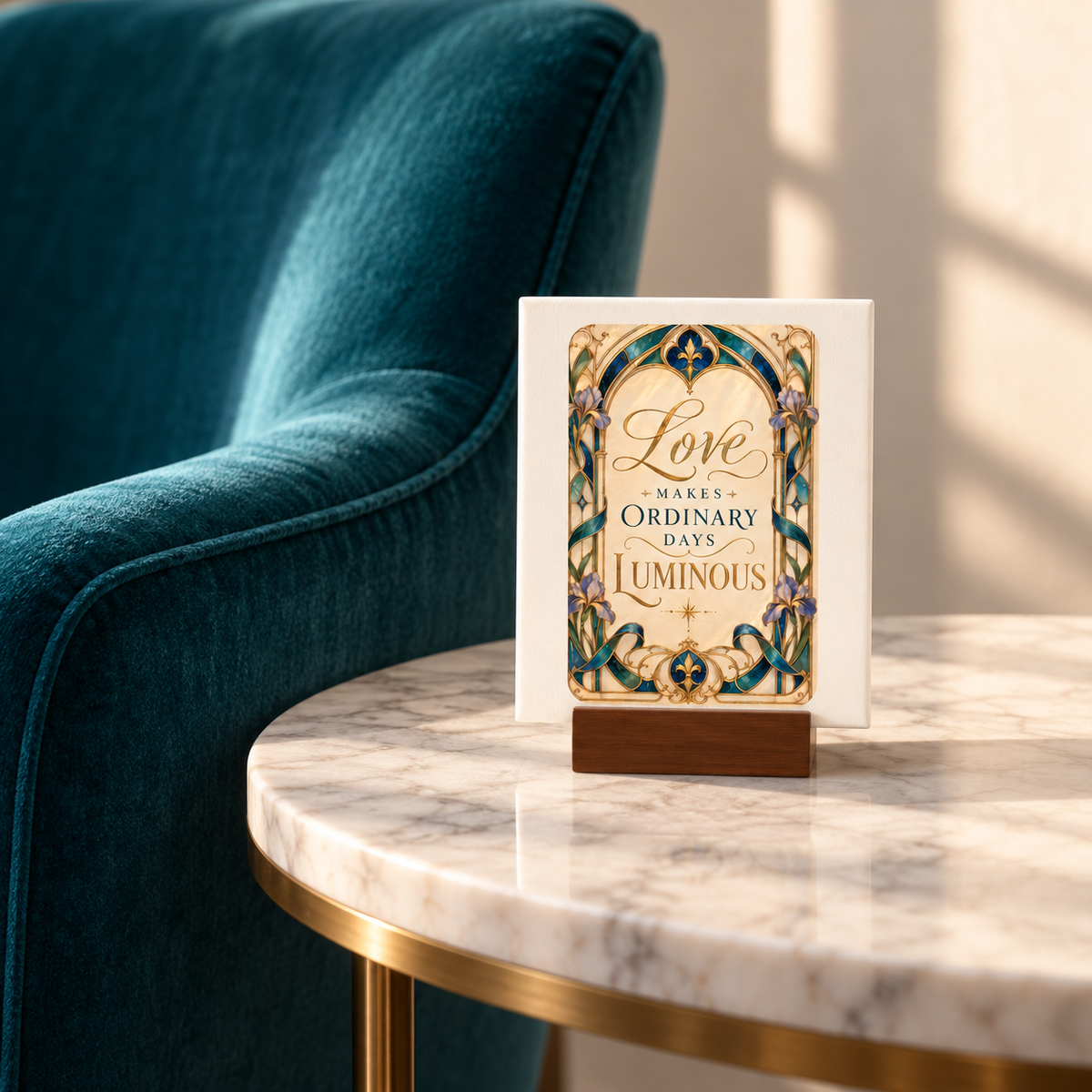 A framed *Love Makes Ordinary Days Luminous Mini Sign* by Mirabilia Boutique’s Gilded Reverie collection sits atop a marble table next to a teal chair, its elegant decorative lettering—“Love makes ordinary days luminous”—catching the sunlight. Soft shadows play across the illuminated sign, enhancing the scene’s charm.