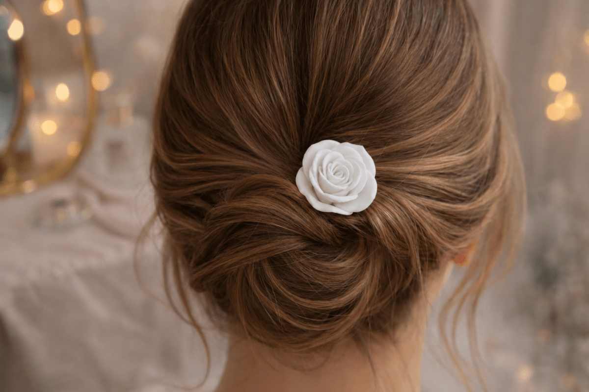 A close-up of a woman's brown hair styled in a low bun, adorned with the Rose Hair Fork in Matte Cotton White by Mirabilia Boutique. Soft, warm fairy lights and a mirror create an elegant, gentle background.