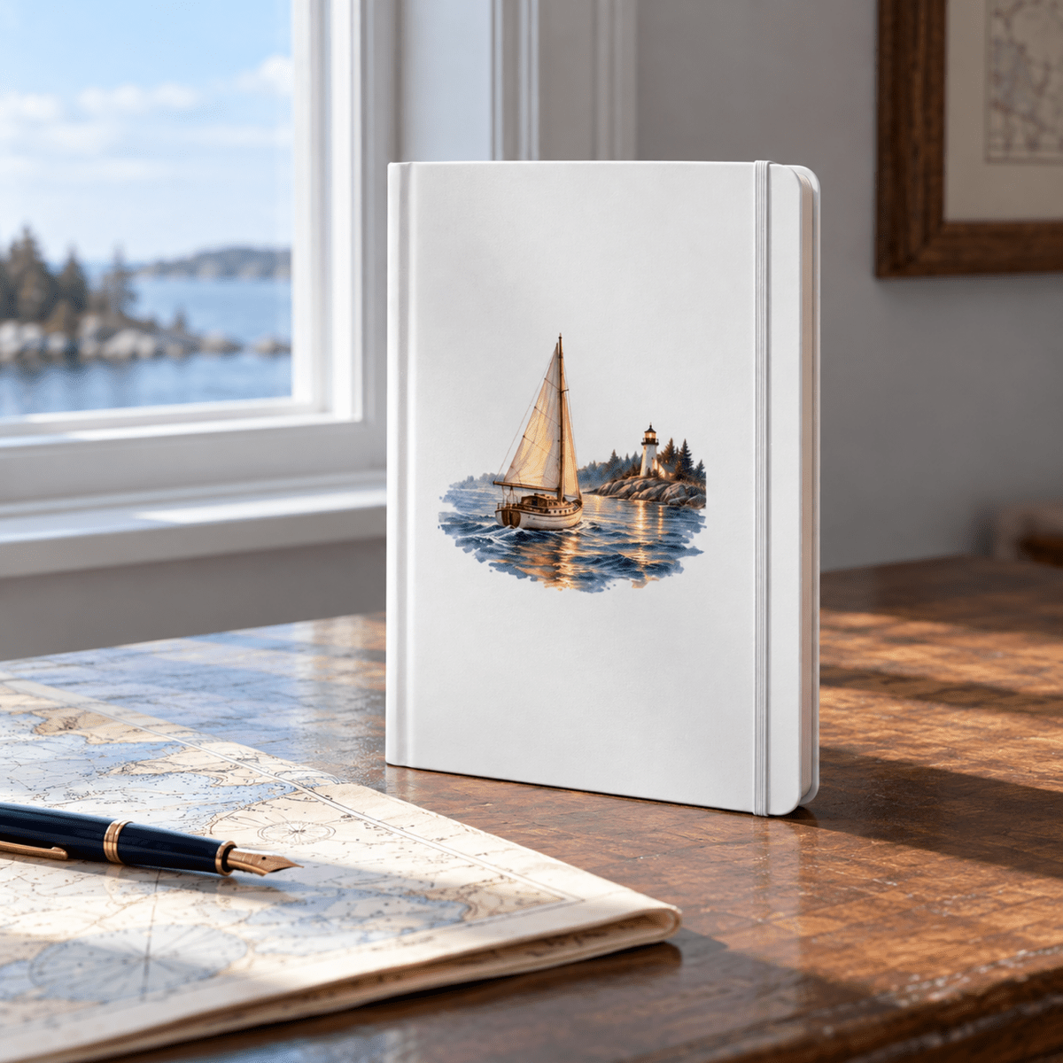 A white The Long Way Home A5 Journal by Mirabilia Boutique standing on a wooden desk, featuring a watercolor illustration of a sailboat near a lighthouse on the cover.