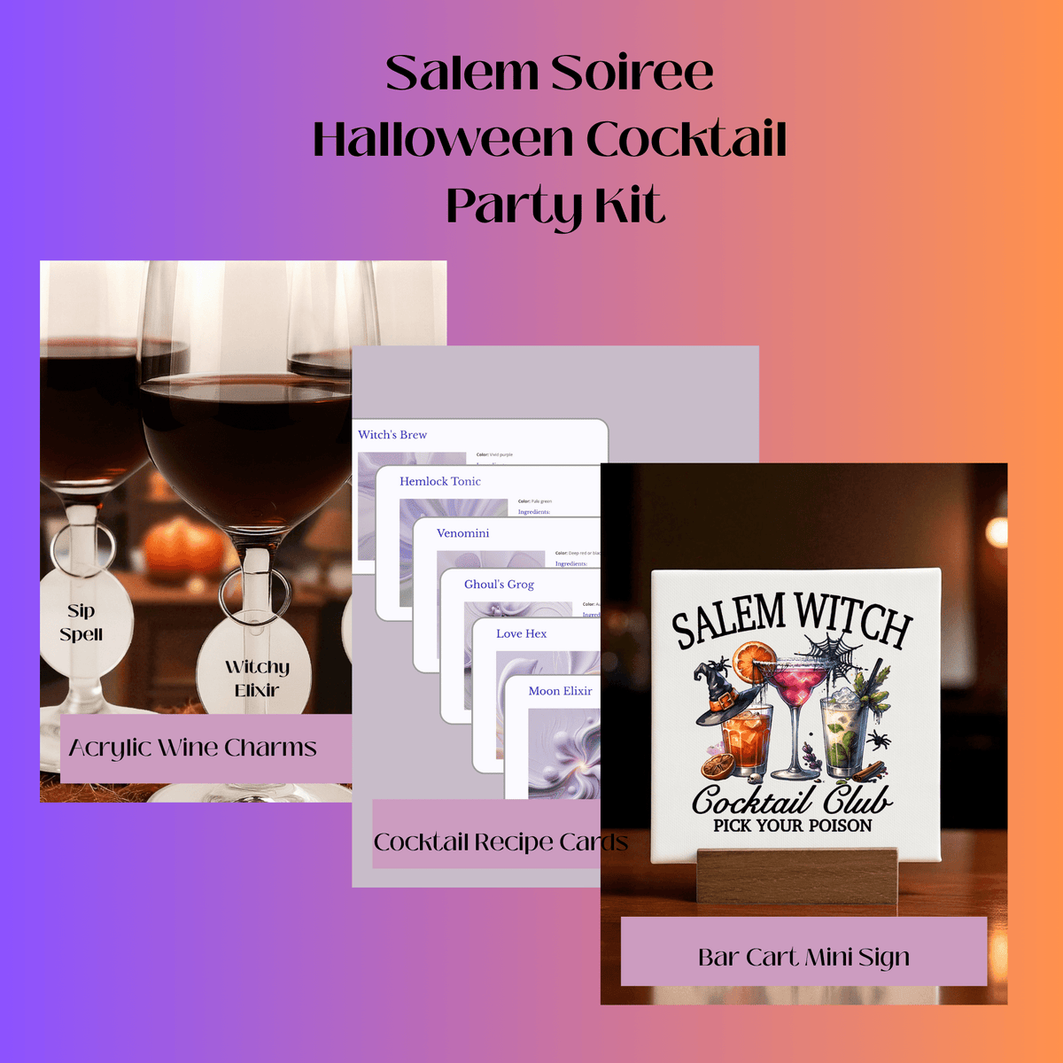 The Salem Soirée Halloween Cocktail Kit by Mirabilia Boutique includes witchy wine charms, spooky cocktail recipes, and a "Salem Witch Cocktail Club, Pick Your Poison" sign—all on a purple-orange gradient background.