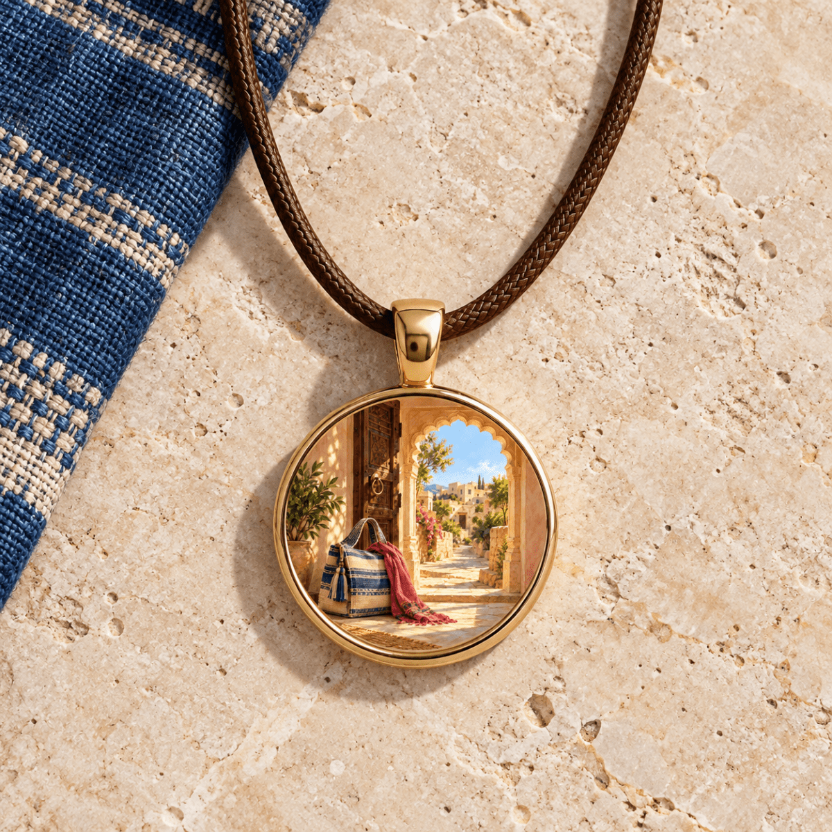 Before the Road | Story Pendant, a gold necklace featuring a miniature artwork of a sunlit Mediterranean walkway and a tote bag with a red scarf.
