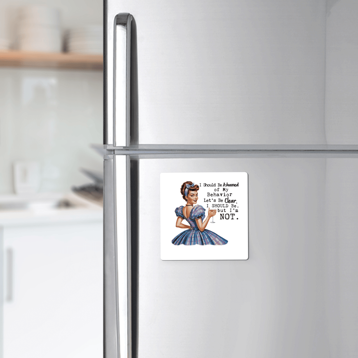 Mirabilia Boutique’s 3x3 UV printed “I Should Be Ashamed” retro fridge magnet features a vintage woman, cheeky coffee humor, and is a fun, sassy gift for wine lovers or party girls.