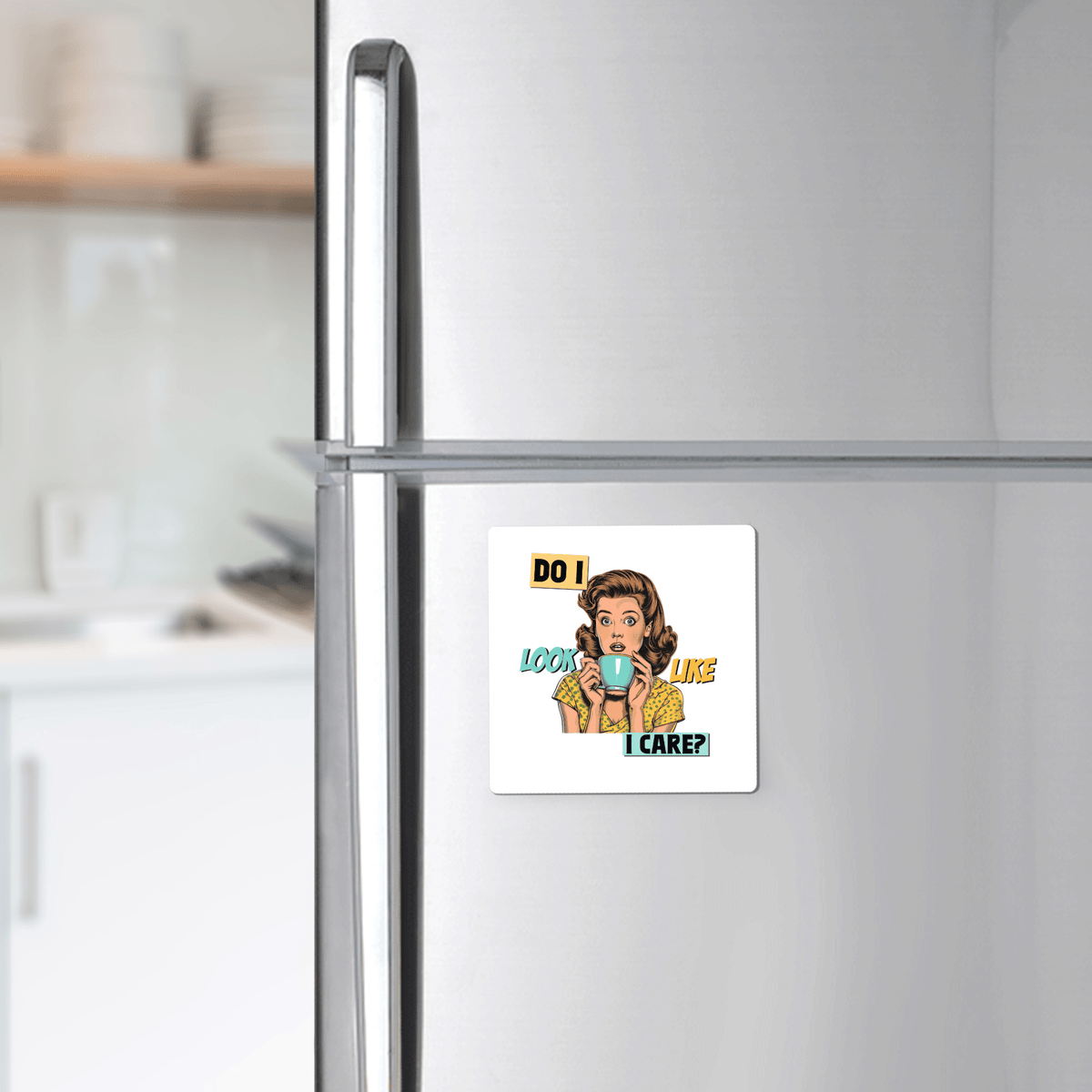 The Mirabilia Boutique "Do I Look Like I Care?" Magnet is a funny retro 3x3 UV printed magnet, perfect as a sarcastic gift for friends or coworkers. Features a colorful comic-style design—ideal for your fridge or office.