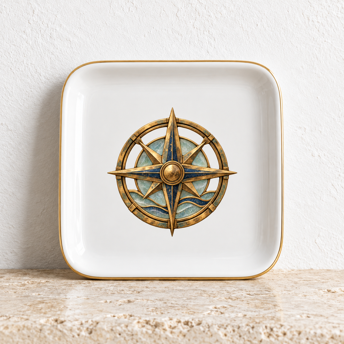 Square white ceramic Sea Glass Compass Jewelry Tray with a gold rim, featuring a decorative gold compass rose emblem with sea glass accents in the center.