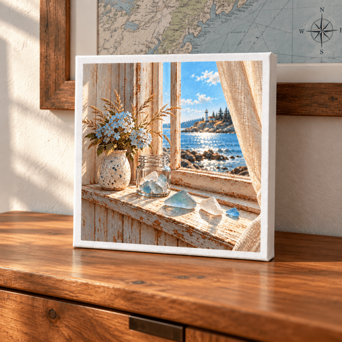 The Windowsill Collection Canvas | Sea Glass featuring a windowsill with a vase of blue flowers, a jar, and sea glass art, overlooking a coastal lighthouse scene.