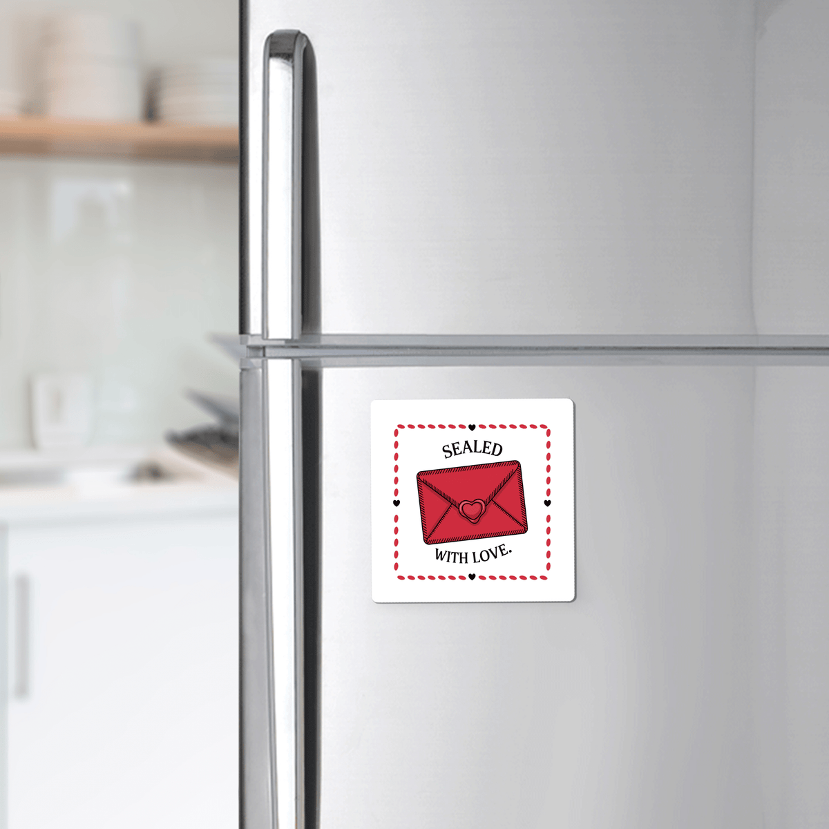 A refrigerator displays the Mirabilia Boutique Sealed with Love Envelope Magnet, a romantic red envelope-shaped magnet, on its door. Kitchen counter and dishes can be seen in the background.