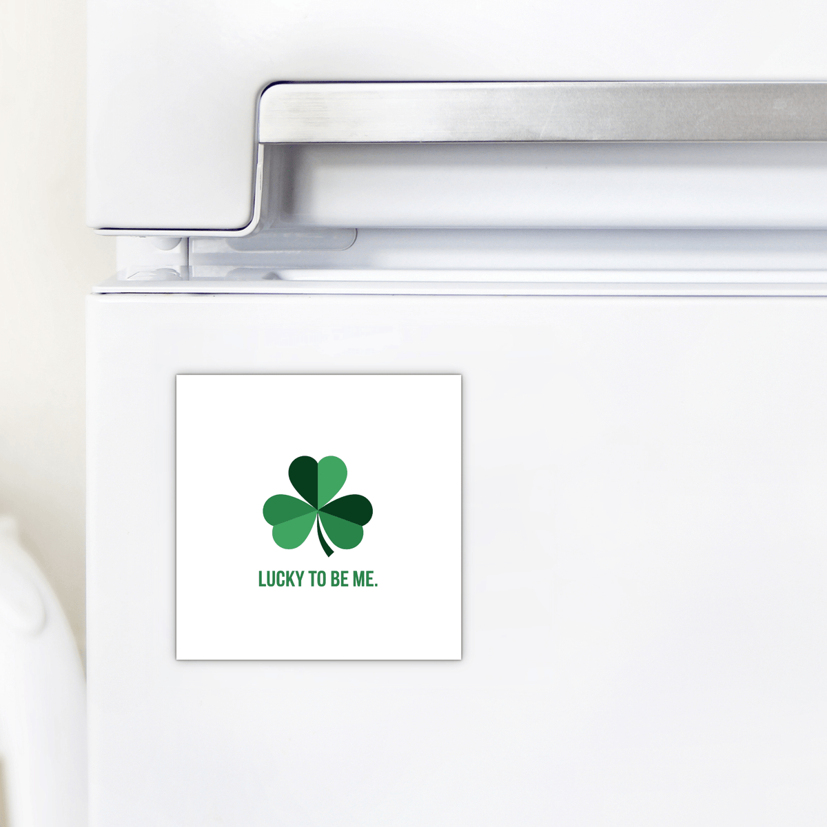 The Mirabilia Boutique Lucky to Be Me Shamrock Magnet, featuring a green four-leaf clover and the phrase “LUCKY TO BE ME,” adds festive St. Patrick’s Day charm and positivity to any white fridge.