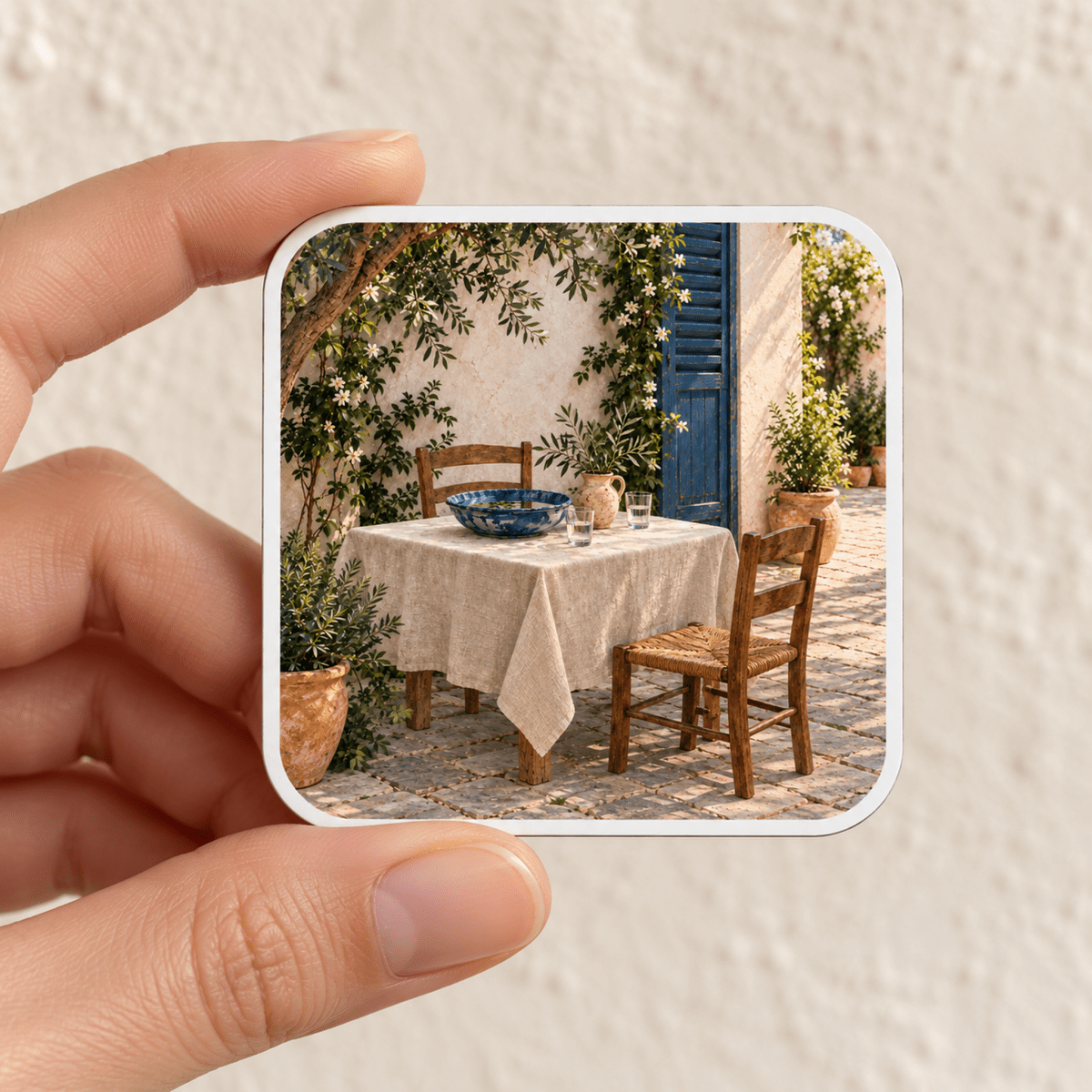 A hand holds a square Table in the Shade Magnet, featuring a dining table set on a cobblestone patio with chairs, a bowl, and a pitcher.