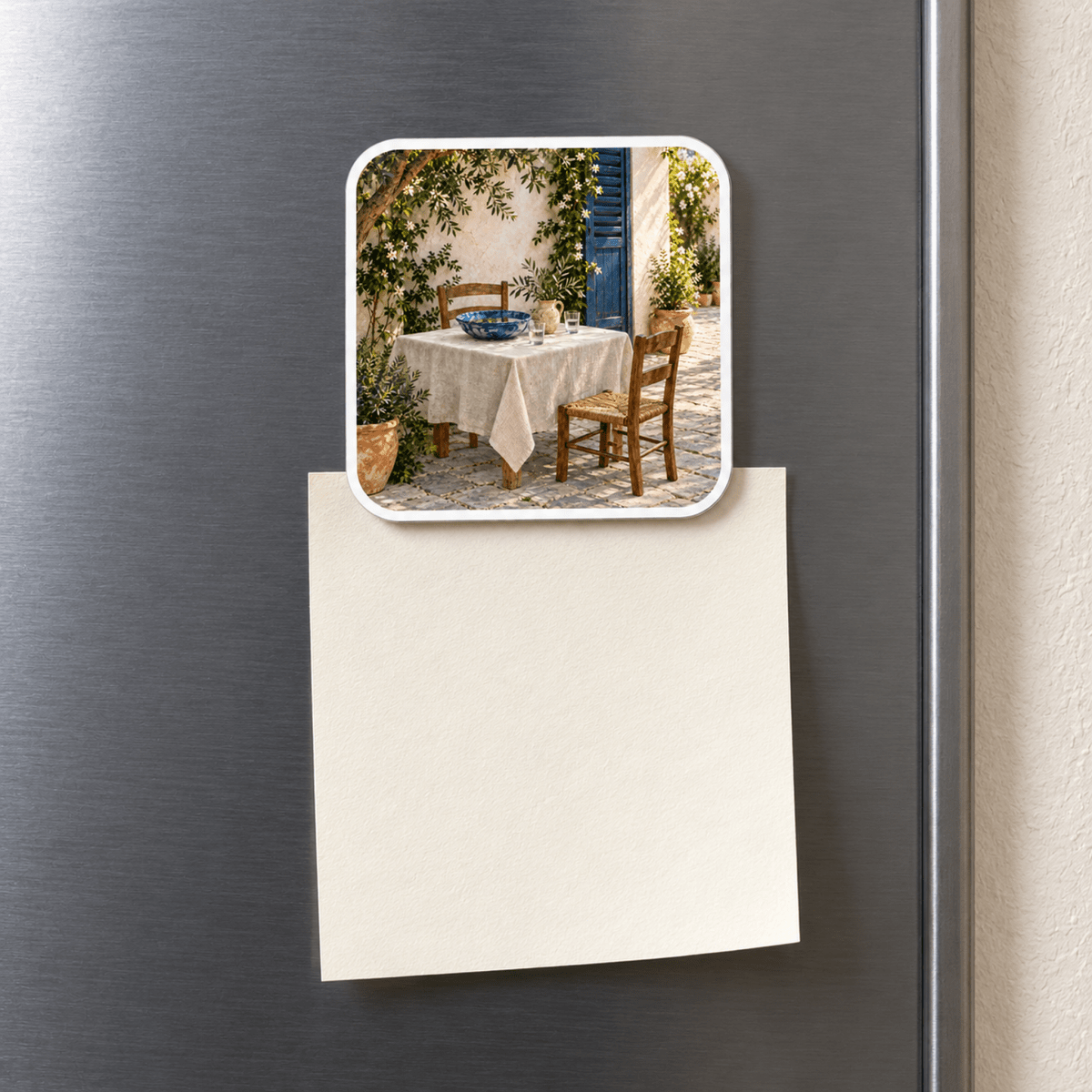 A Table in the Shade Magnet on a refrigerator featuring a square hardboard courtyard scene of a bistro table set for dining on a sunlit patio, with a blank note paper hanging below it.