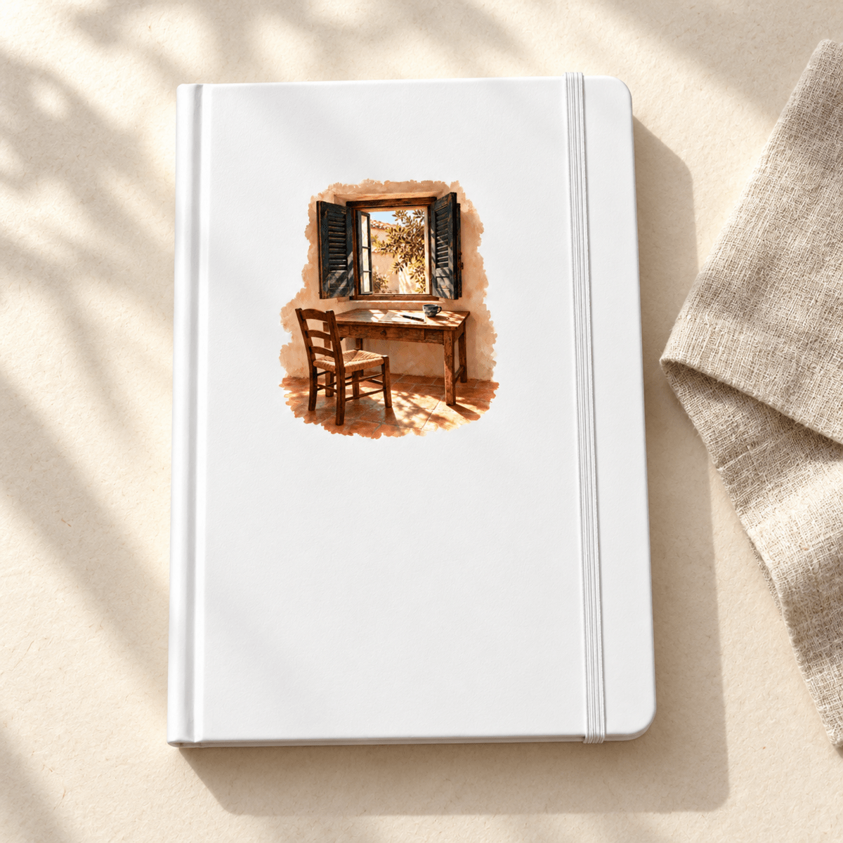 The Shuttered Room Journal, a white A5 notebook with an elastic closure featuring an illustration of a wooden table and chair by an open window.