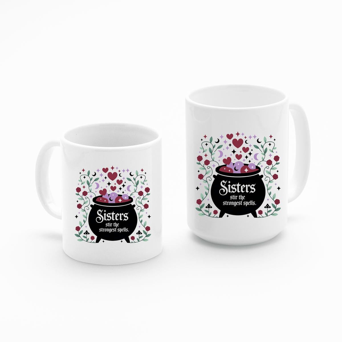 The Sisters Stir the Strongest Spells Mug set by Mirabilia Boutique features two white mugs with floral designs and a cauldron illustration that reads, "Sisters stir the strongest spells." A perfect witchy sister gift, with one tall mug included.