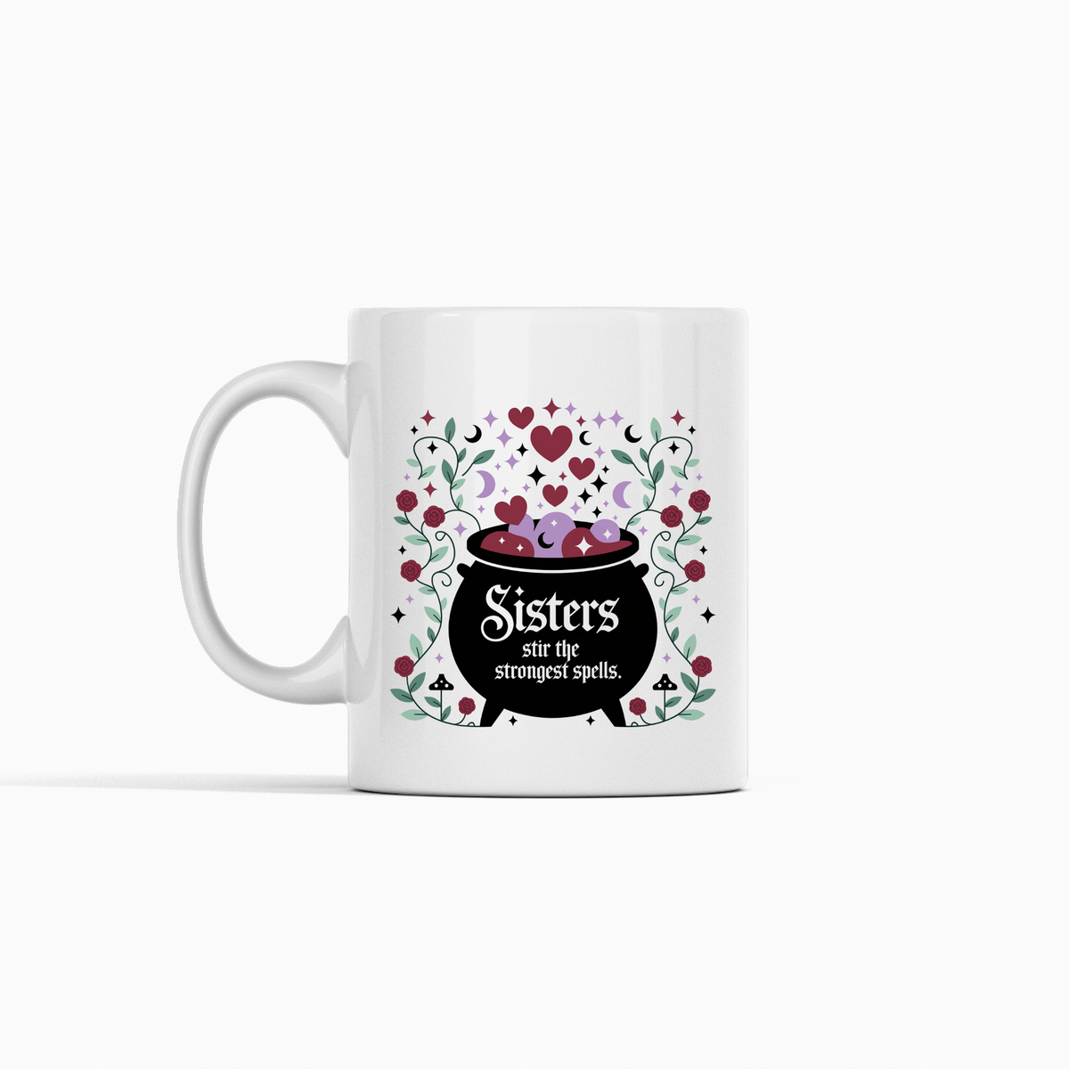 The Sisters Stir the Strongest Spells Mug by Mirabilia Boutique features a black cauldron with flowers, stars, and hearts, bubbling with a purple potion. A perfect witchy sister gift for celebrating magical sisterhood!.