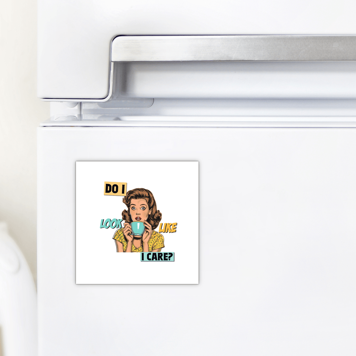 The Mirabilia Boutique "Do I Look Like I Care" Magnet is a 3x3 UV printed retro fridge magnet—perfect as a funny, sarcastic gift for friends or coworkers and a playful vintage decor piece.