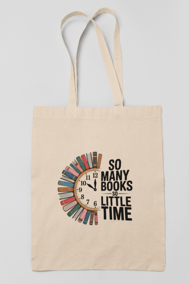 The Mirabilia Boutique So Many Books Canvas Tote Bag features a clock of colorful books and “So many books, so little time” with a cat silhouette—an ideal gift for book lovers or a stylish carryall for library visits.
