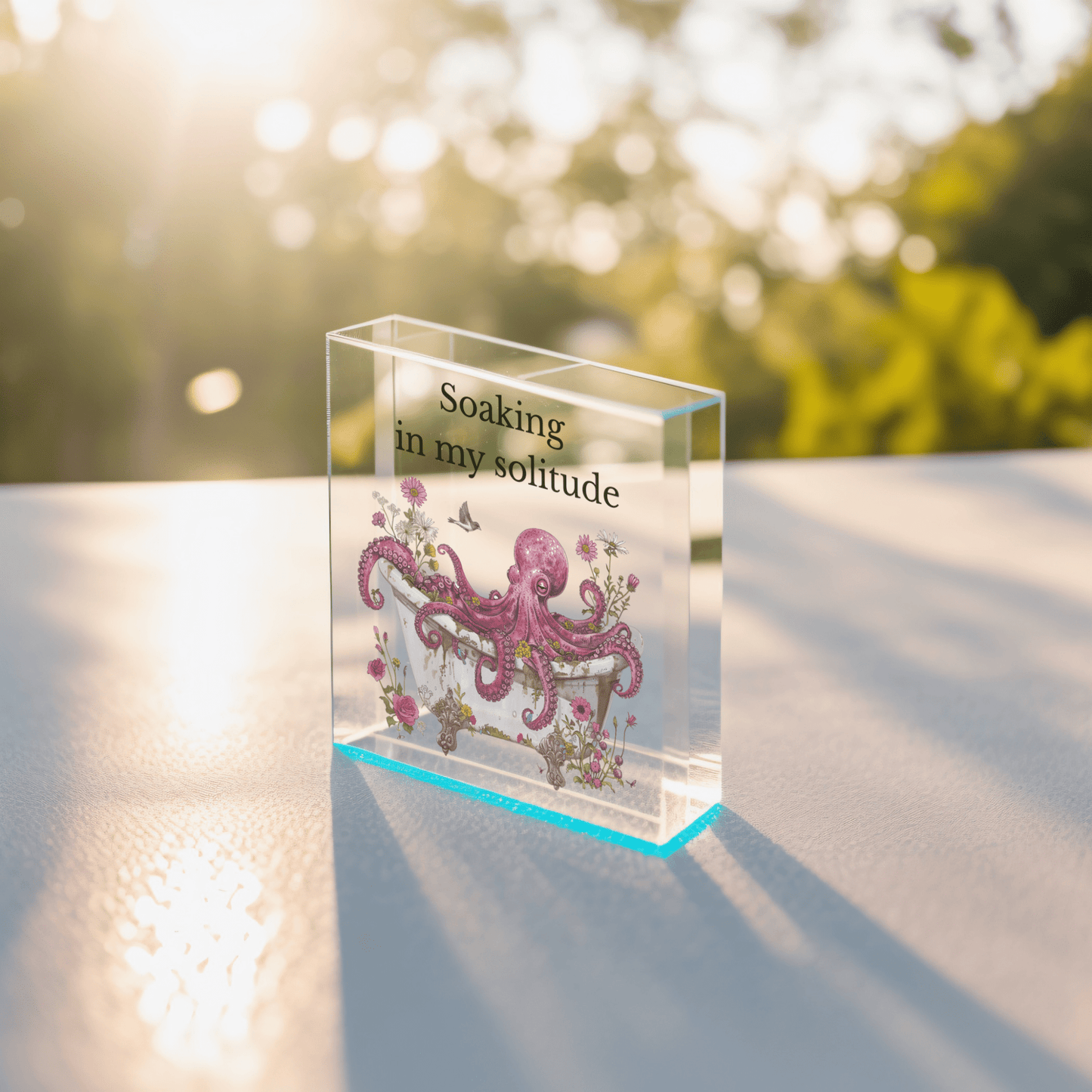 The Soaking in My Solitude Art Block by Mirabilia Boutique features a whimsical pink octopus with flowers and uplifting text, basking in sunlight—an acrylic decor piece perfect as a solitude gift.