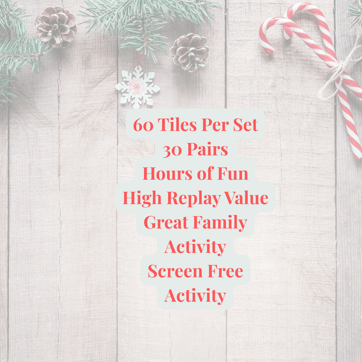 Text on a wooden background with pine branches, pinecones, a snowflake, and candy canes: Mirabilia Boutique’s Southwestern Christmas Match Game includes 60 tiles (30 pairs) for hours of festive family fun and high replay value—no screens needed!.