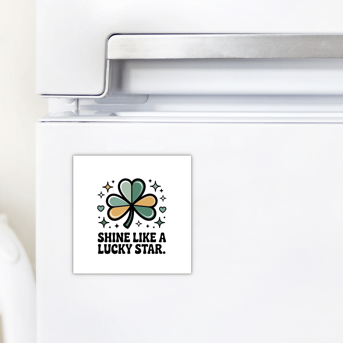 The Shine Like a Lucky Star Magnet by Mirabilia Boutique features a green and gold four-leaf clover, stars, and “SHINE LIKE A LUCKY STAR”—a perfect St. Patrick’s Day gift or retro affirmation magnet for good vibes.