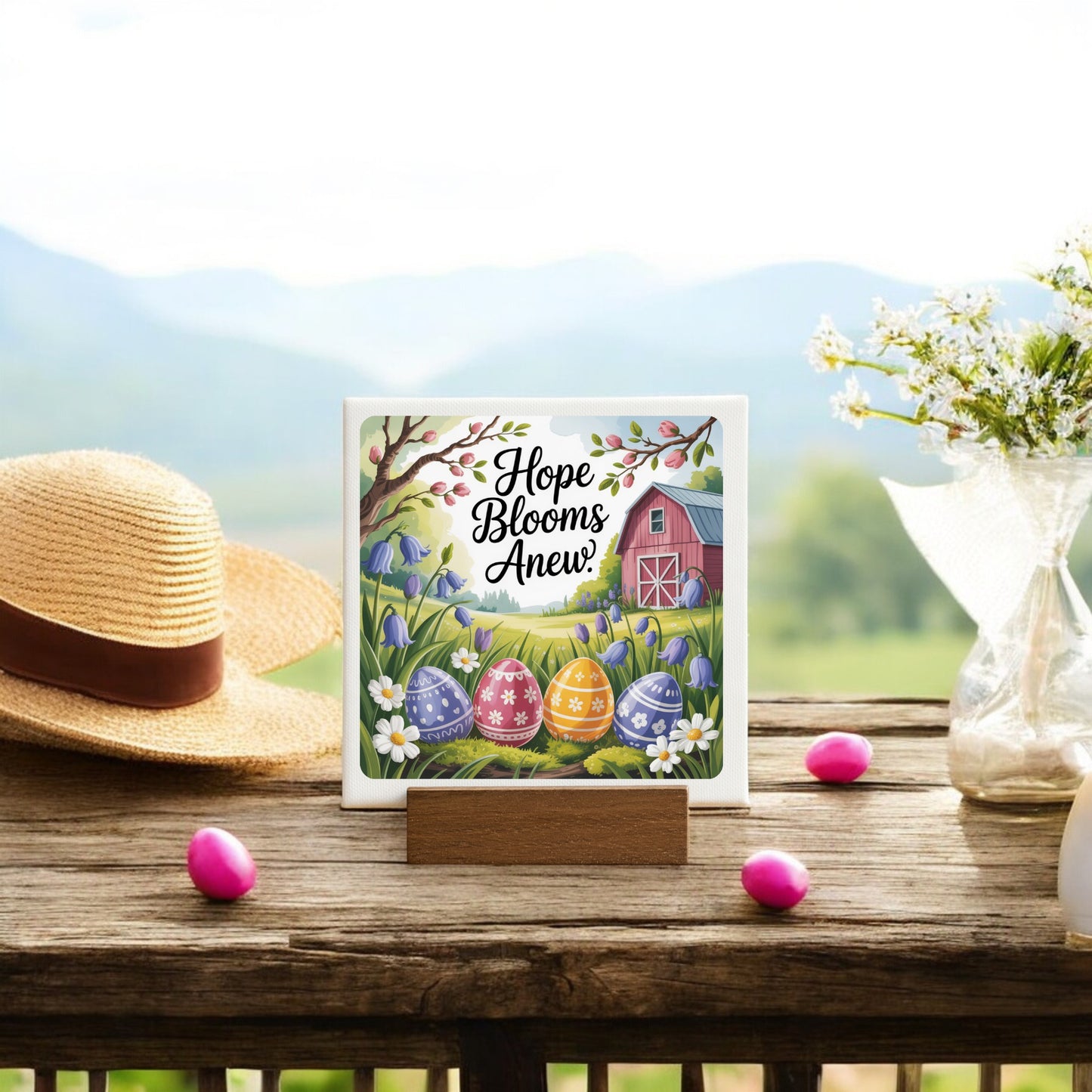 The Mirabilia Boutique Hope Blooms Anew Mini Canvas – 4x4 Spring Sign features "Hope Blooms Anew!" with painted eggs, florals, and a barn—an ideal Easter accent for your table, paired with hats or vases for a charming spring display.