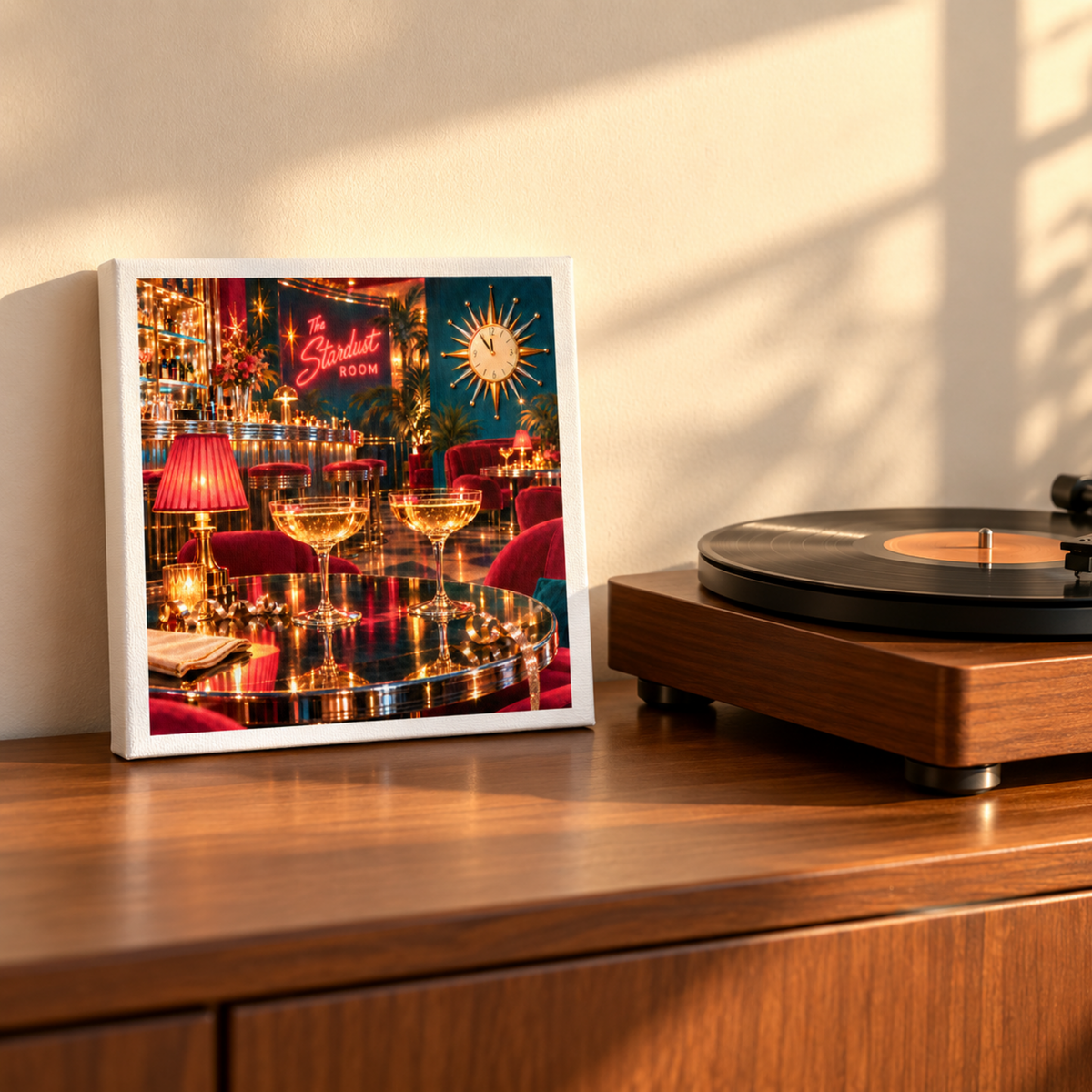 A square Five Minutes to Midnight Canvas | Chrome & Starlight print of a moody mid-century cocktail lounge, featuring two coupes on a table next to a record player.