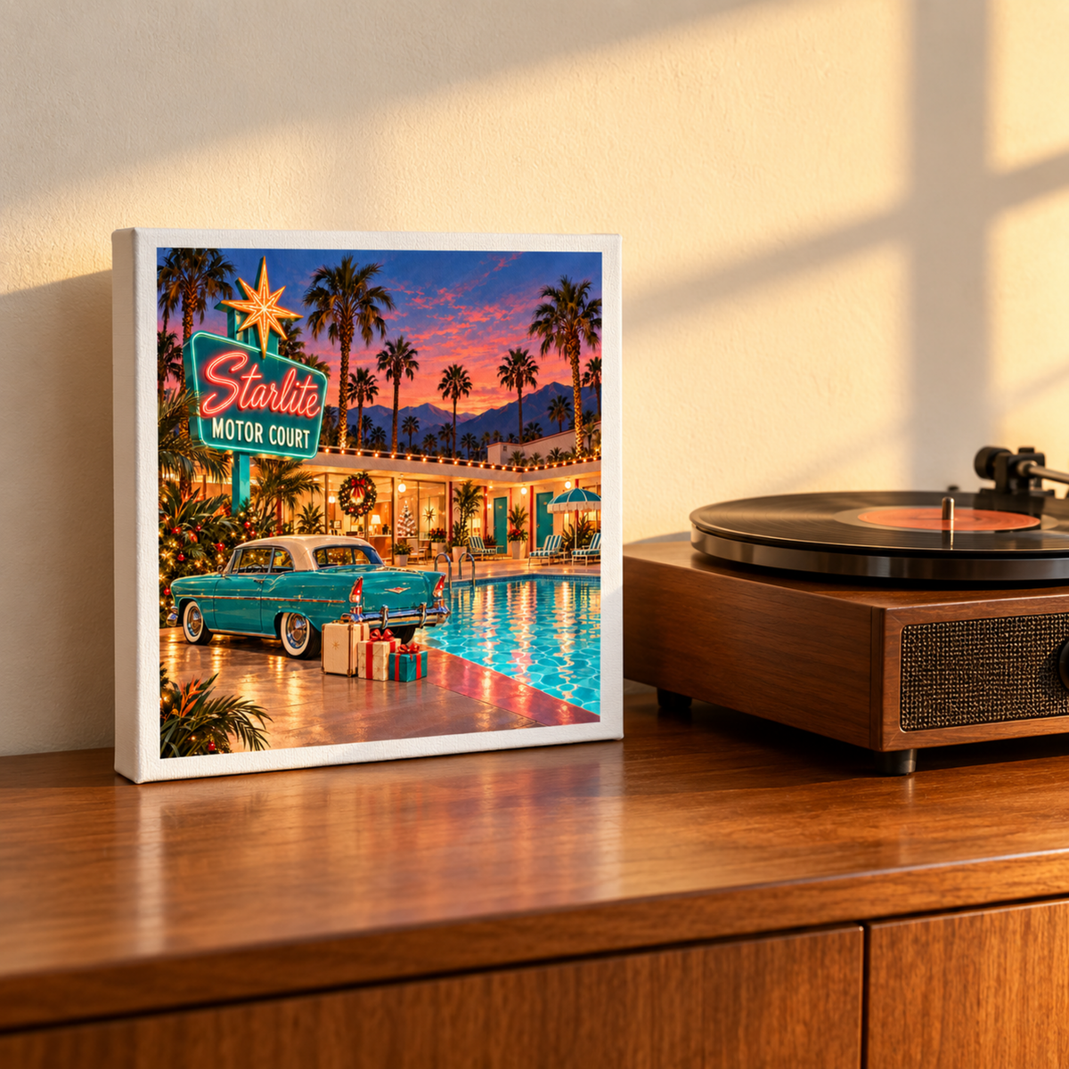 Christmas at the Starlite Canvas | Chrome & Starlight by Mirabilia Boutique, featuring a retro hotel scene, sits next to a wooden record player on a sunlit console.