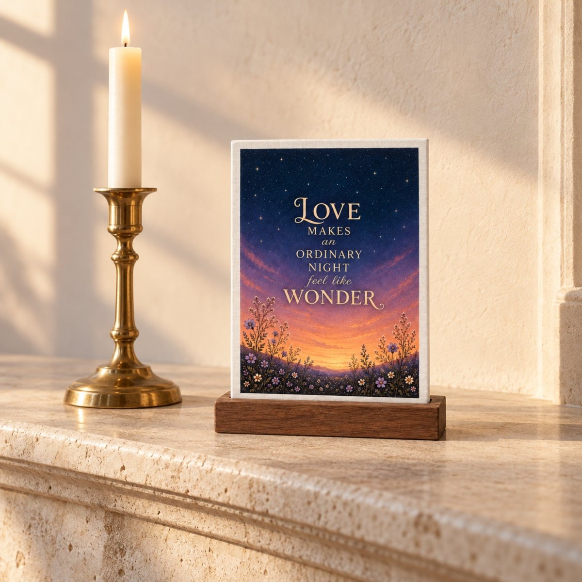 A Love Makes Wonder Romantic Mini Sign on a wooden stand sits next to a lit candle in a flower field at sunset.