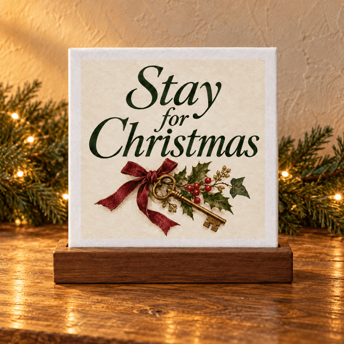 Stay for Christmas Mini Sign by Mirabilia Boutique featuring a square sign on a wooden stand with a skeleton key tied with a red ribbon and holly sprigs.