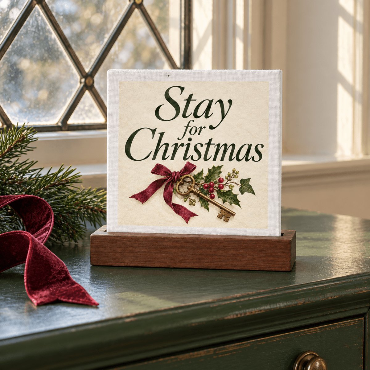 A Stay for Christmas Mini Sign square canvas tabletop decor in a wooden stand, featuring a vintage key illustration with a red ribbon and holly berries.