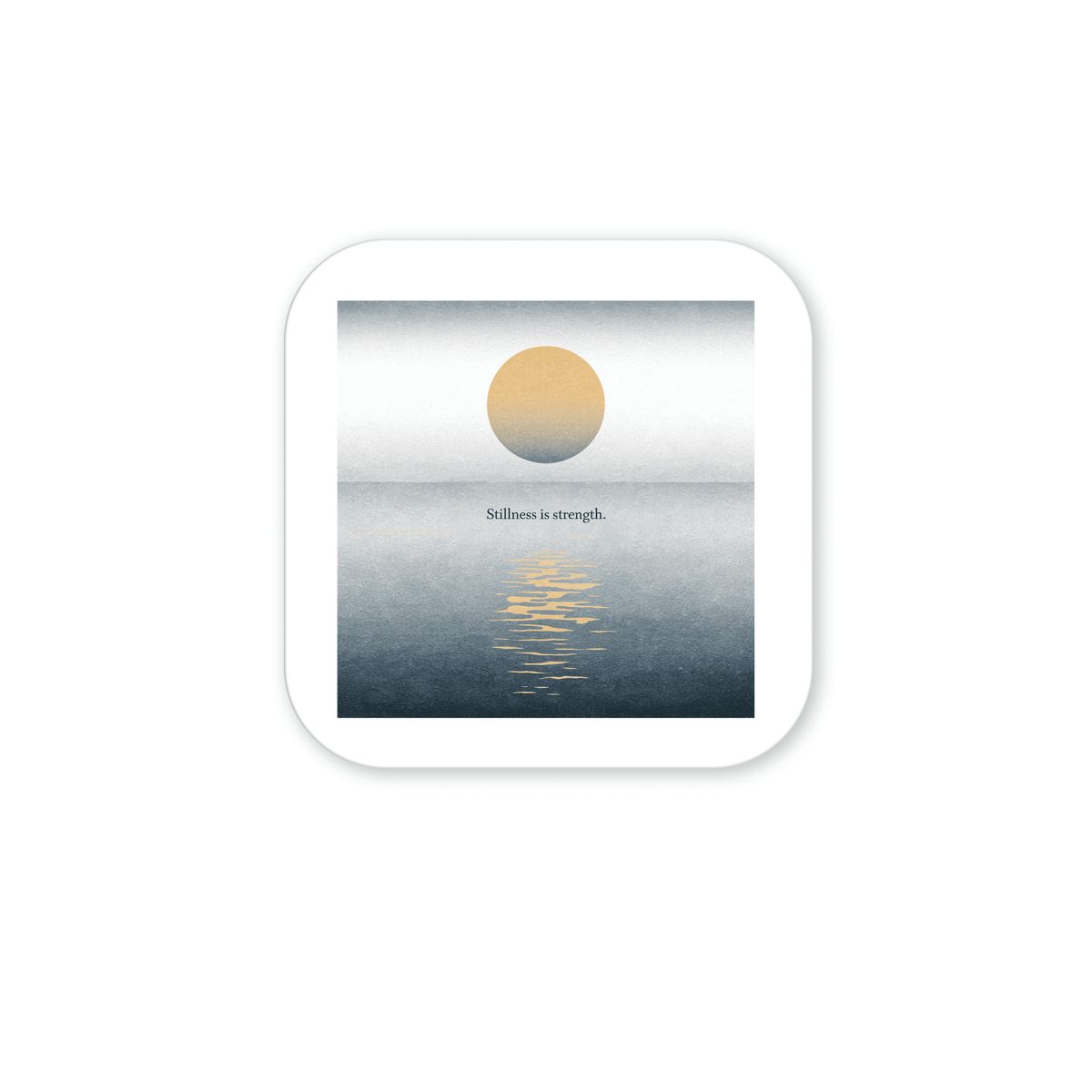 The Stillness Is Strength Magnet by Mirabilia Boutique features a minimalist design with a yellow sun over a blue sea and the inspiring text, "Stillness is strength." Ideal for mindful gifting or bringing calm to any space.