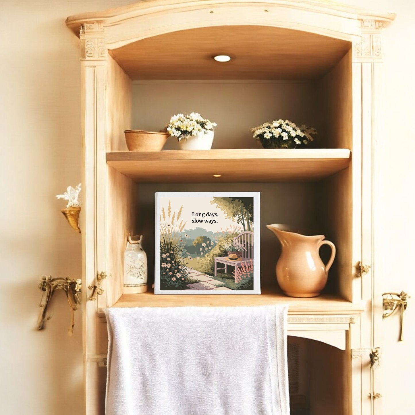A rustic wooden shelf holds potted flowers, a ceramic pitcher, and Mirabilia Boutique’s "Long Days, Slow Ways Canvas – Peaceful Summer Garden Art," while a white towel hangs below, creating a warm and cozy vibe.