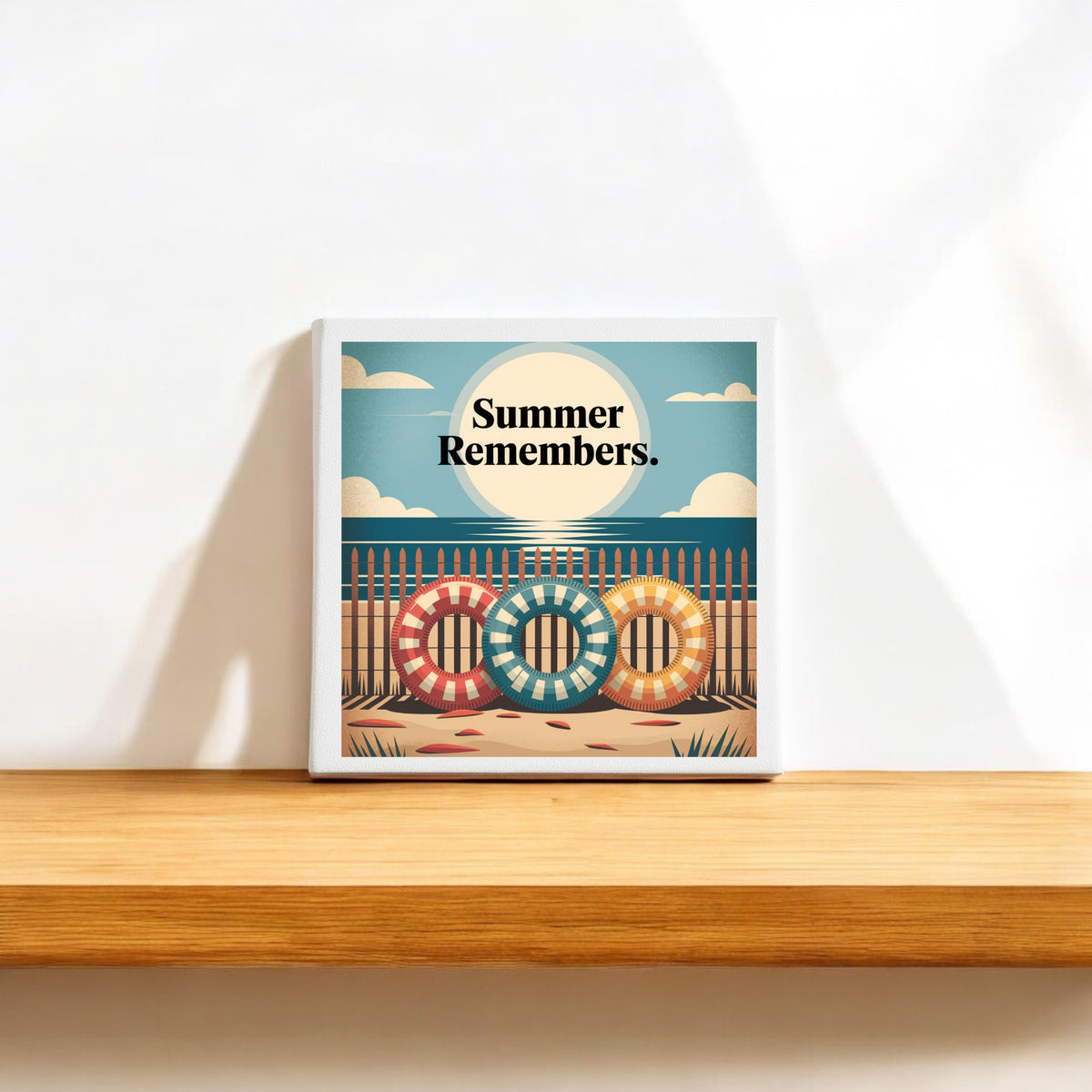The "Summer Remembers Canvas Wall Art – Coastal Nostalgia" by Mirabilia Boutique features life buoys on a shelf, ideal for adding seaside charm to your home décor.