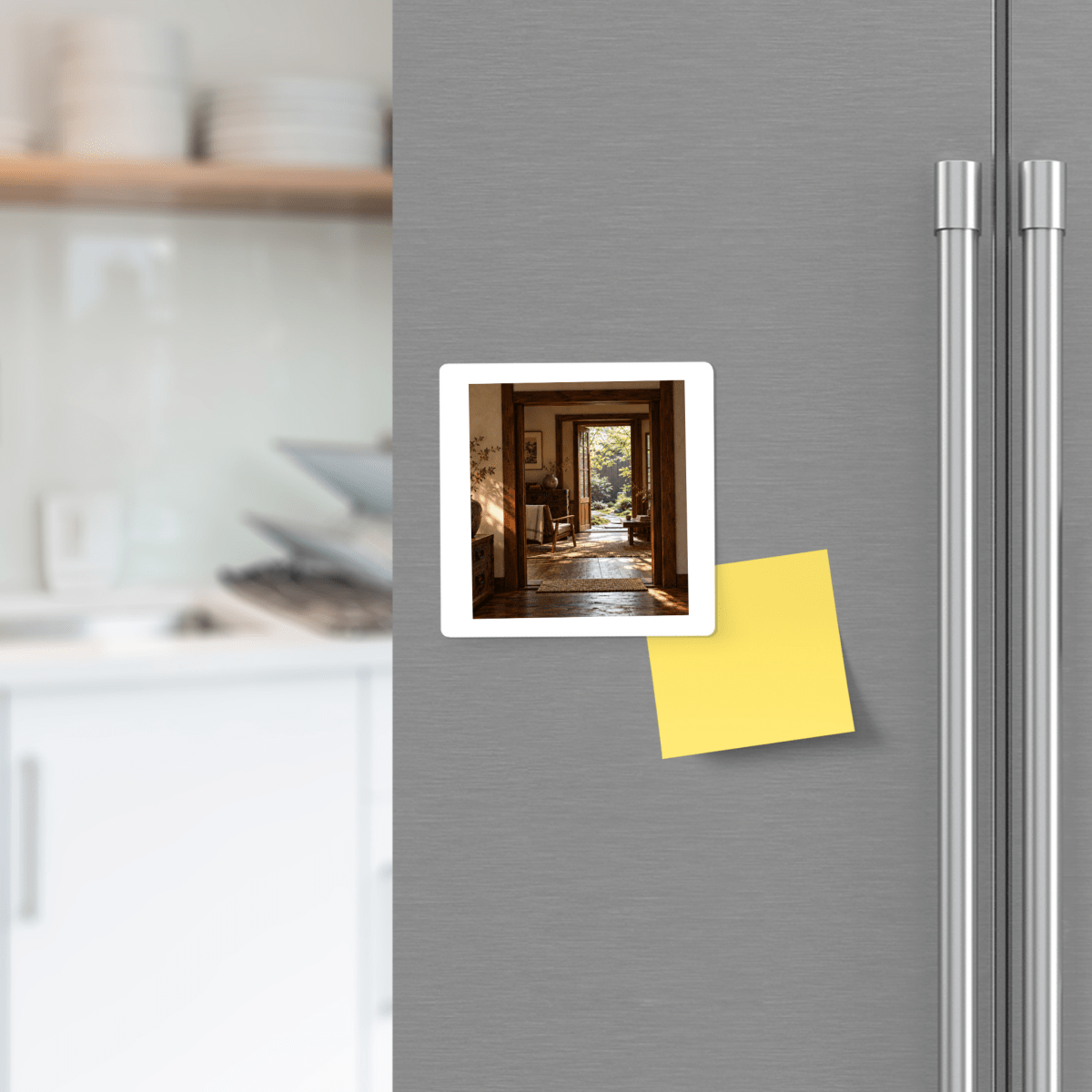 Between Rooms Decorative Magnet featuring a sunlit Japanese interior doorway looking into an outdoor space, attached to a stainless steel refrigerator next to a blank yellow sticky note.