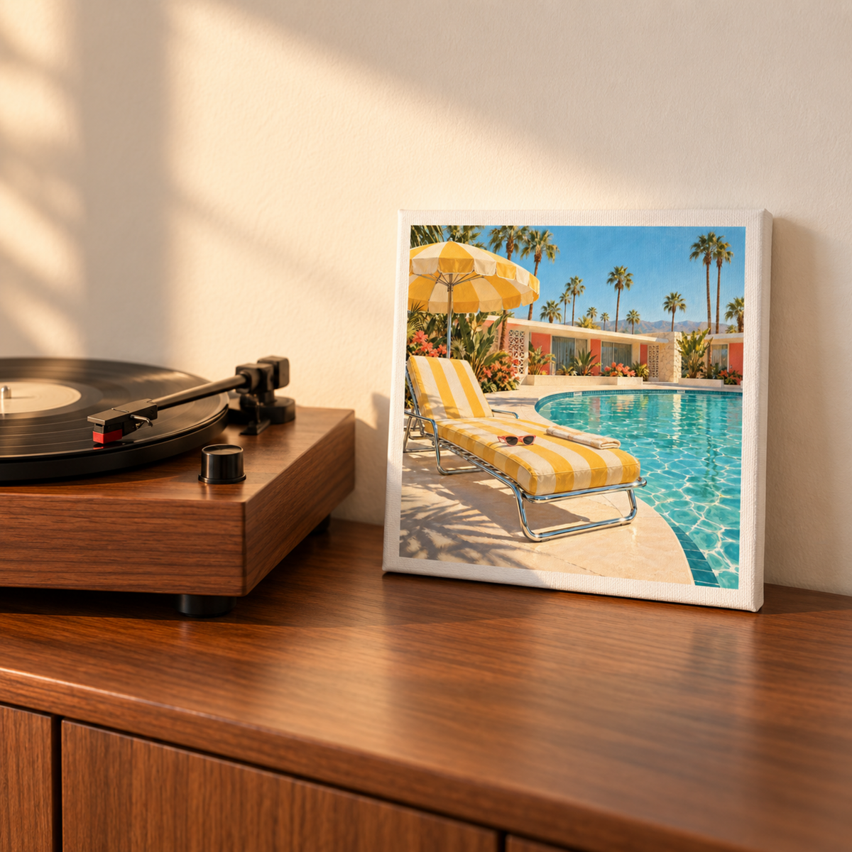 A record player rests on a wooden surface beside the Afternoon at the Pool Canvas | Chrome & Starlight by Mirabilia Boutique, featuring a sunny pool scene with a striped lounge chair, umbrella, palms, and pink buildings.